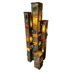 Grande lampada da terra in vetro martellato e ferro battuto dorato di Longobard, Italia anni '70
