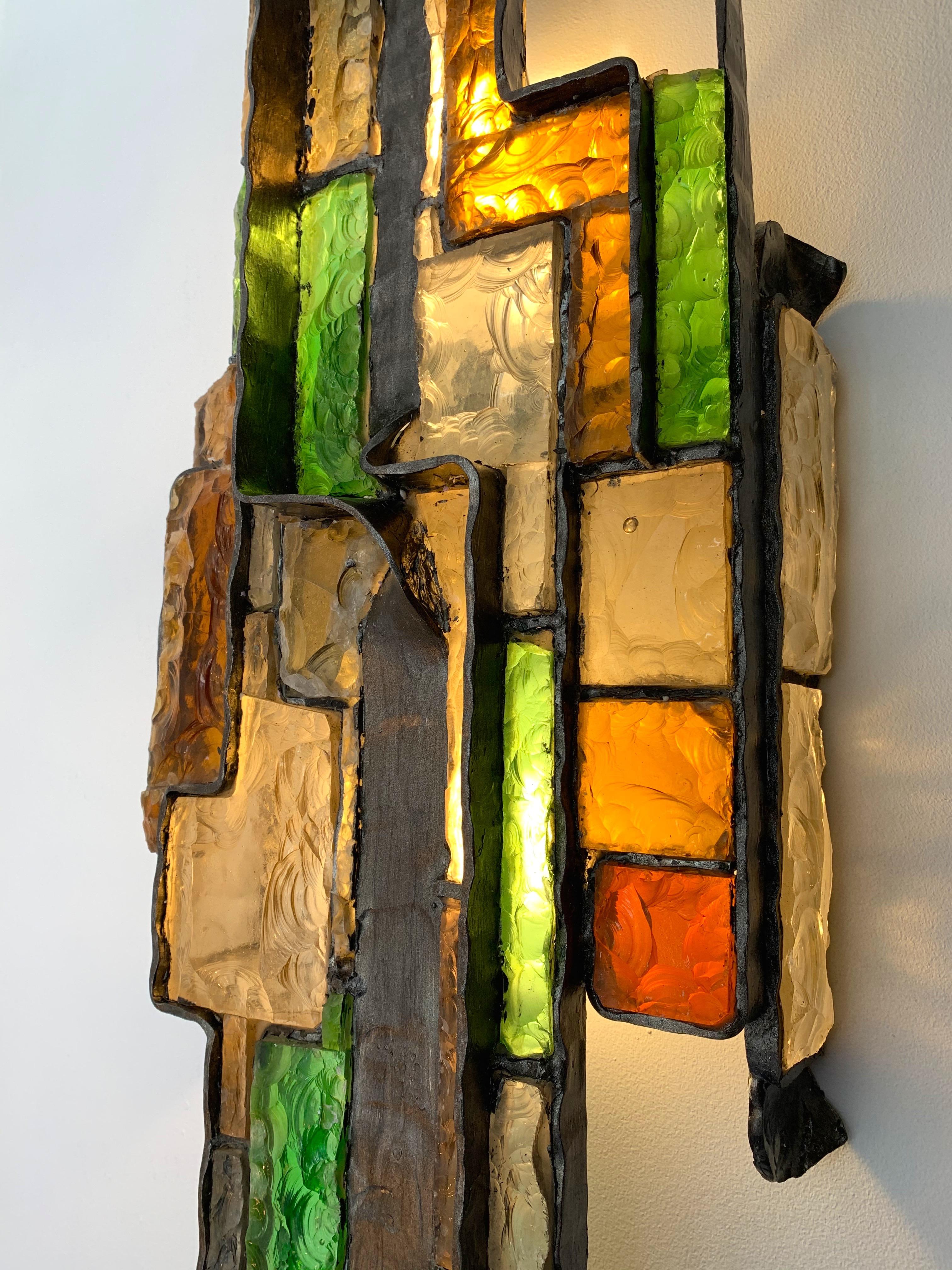 Wrought Iron Large Hammered Glass Sconce by Longobard, Italy, 1970s