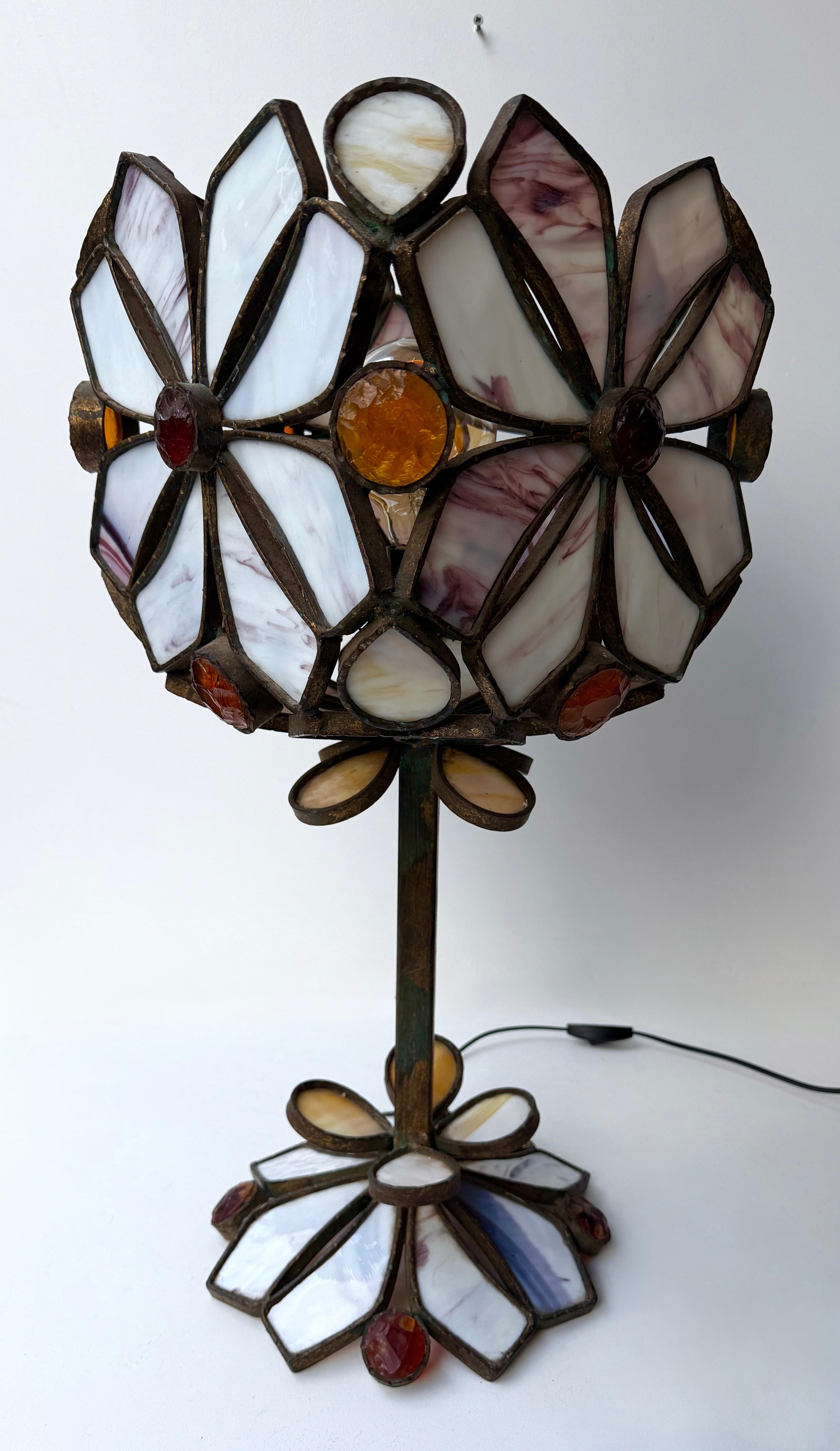 Gran Lámpara Flor de Vidrio Martillado y Hierro Forjado de Longobard, Italia, años 70 en venta 4