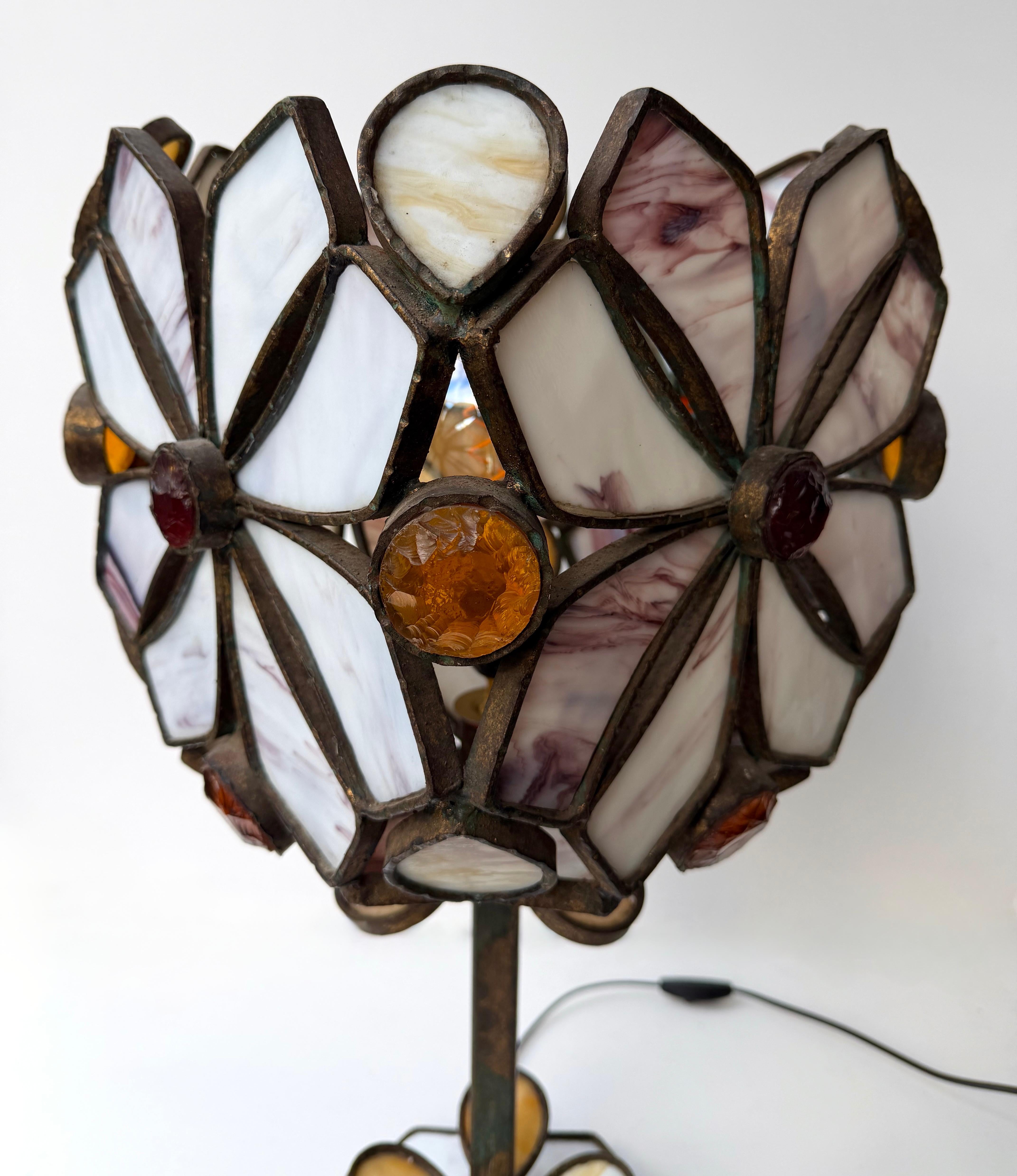Gran Lámpara Flor de Vidrio Martillado y Hierro Forjado de Longobard, Italia, años 70 en venta 5