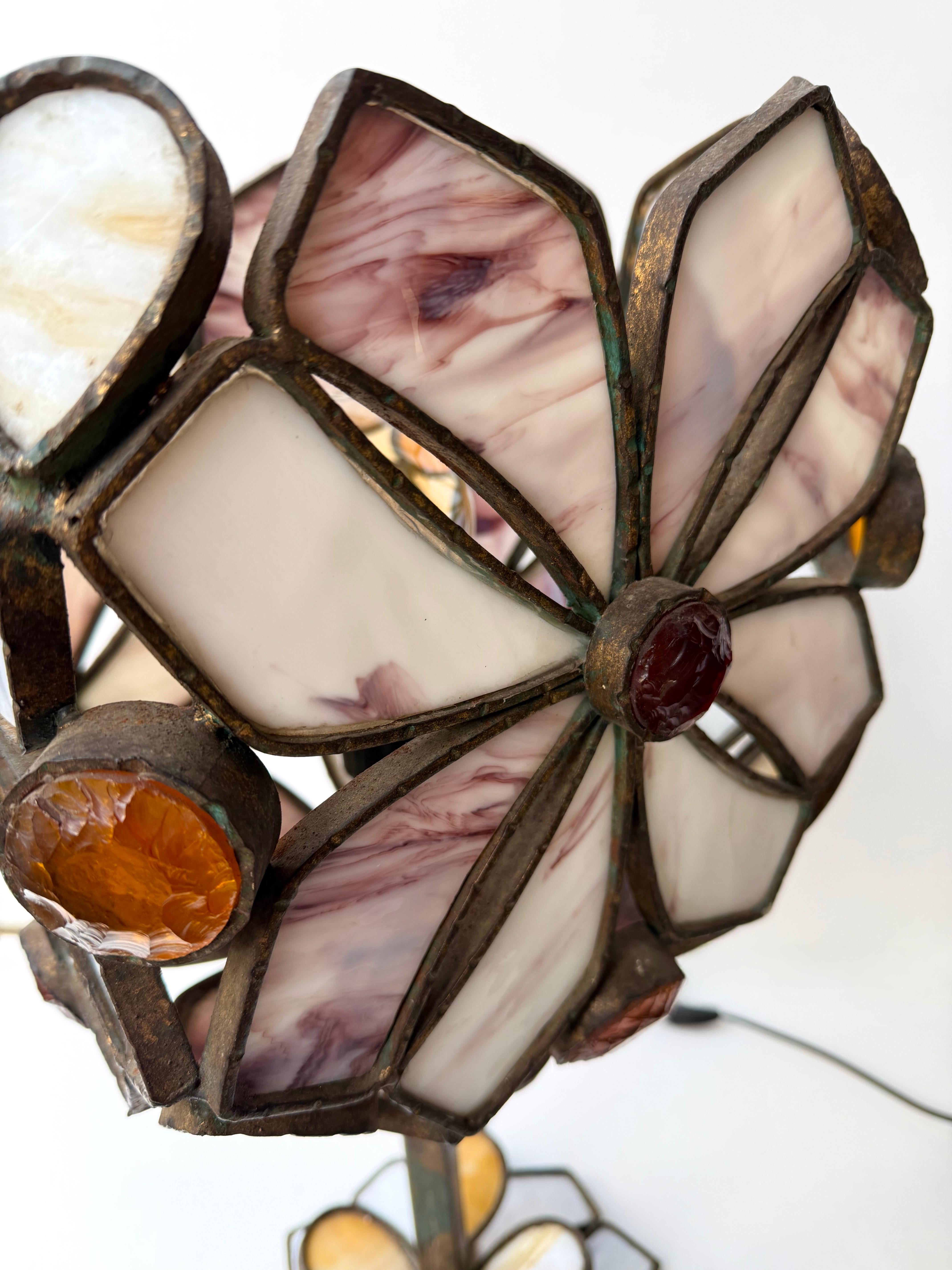 Gran Lámpara Flor de Vidrio Martillado y Hierro Forjado de Longobard, Italia, años 70 en venta 6