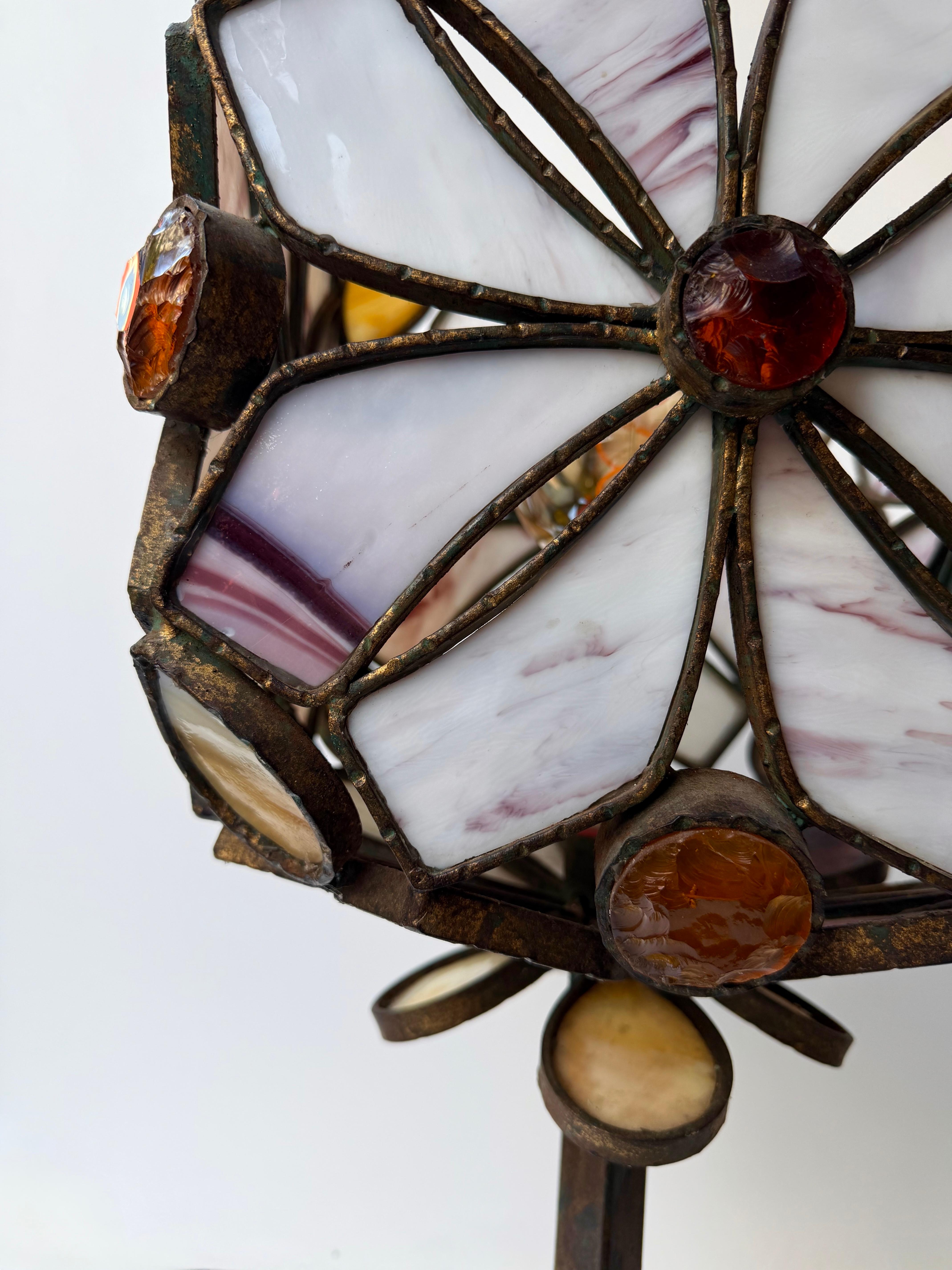 Gran Lámpara Flor de Vidrio Martillado y Hierro Forjado de Longobard, Italia, años 70 en venta 2