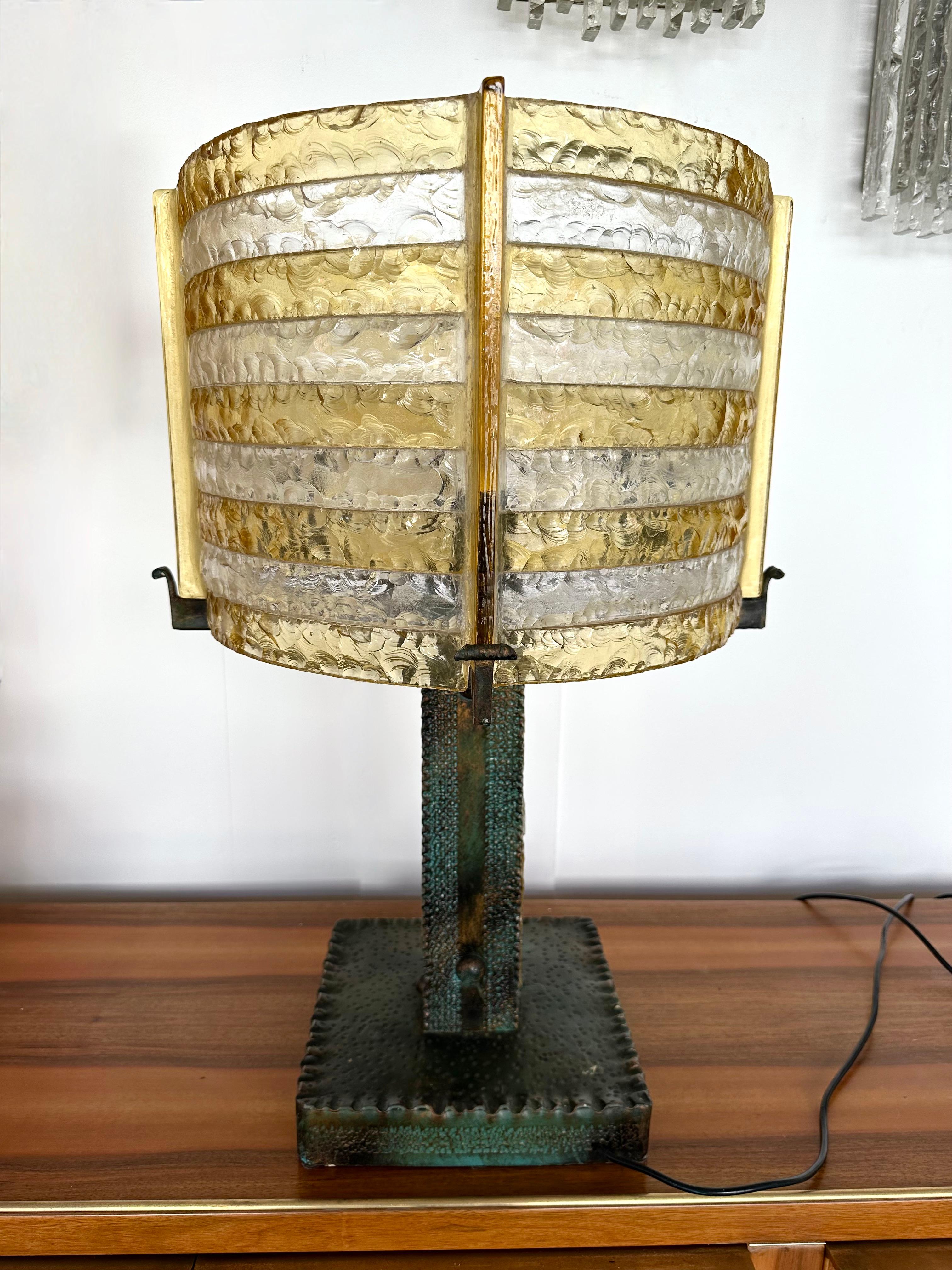 Large Hammered Glass Wrought Iron Lamp by Longobard, Italy, 1970s 4