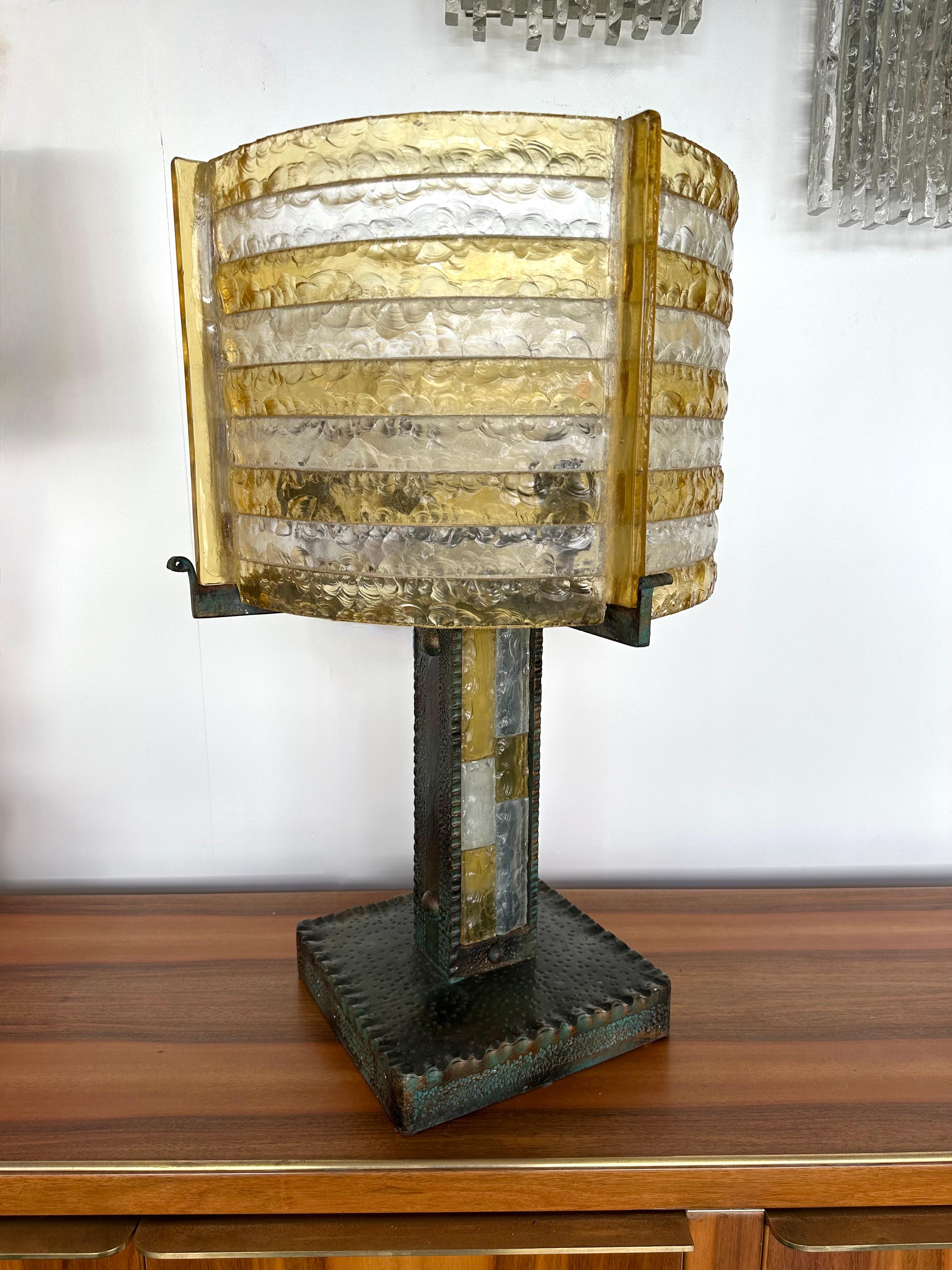 Large Hammered Glass Wrought Iron Lamp by Longobard, Italy, 1970s 1