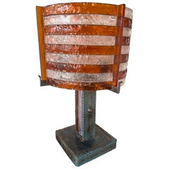 Large Hammered Glass Wrought Iron Lamp by Longobard, Italy, 1970s