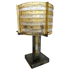 Large Hammered Glass Wrought Iron Lamp by Longobard, Italy, 1970s