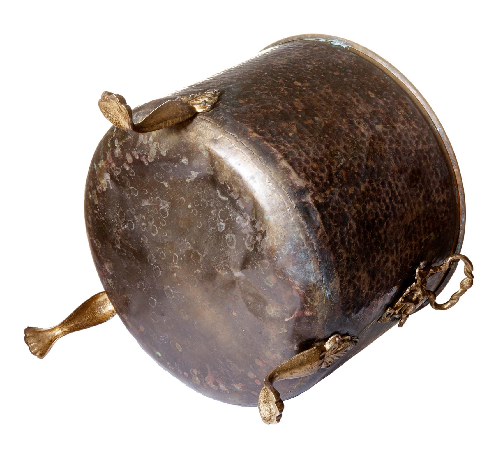 Rustic Large Hammered Planter with Brass Handles & Legs