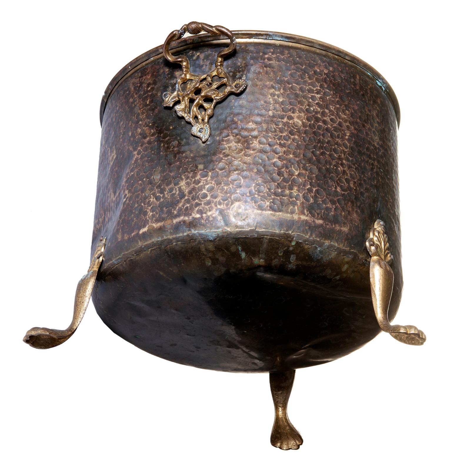 Hand-Crafted Large Hammered Planter with Brass Handles & Legs