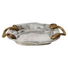 Large hammered steel and brass serving plate - Italy, 1980s