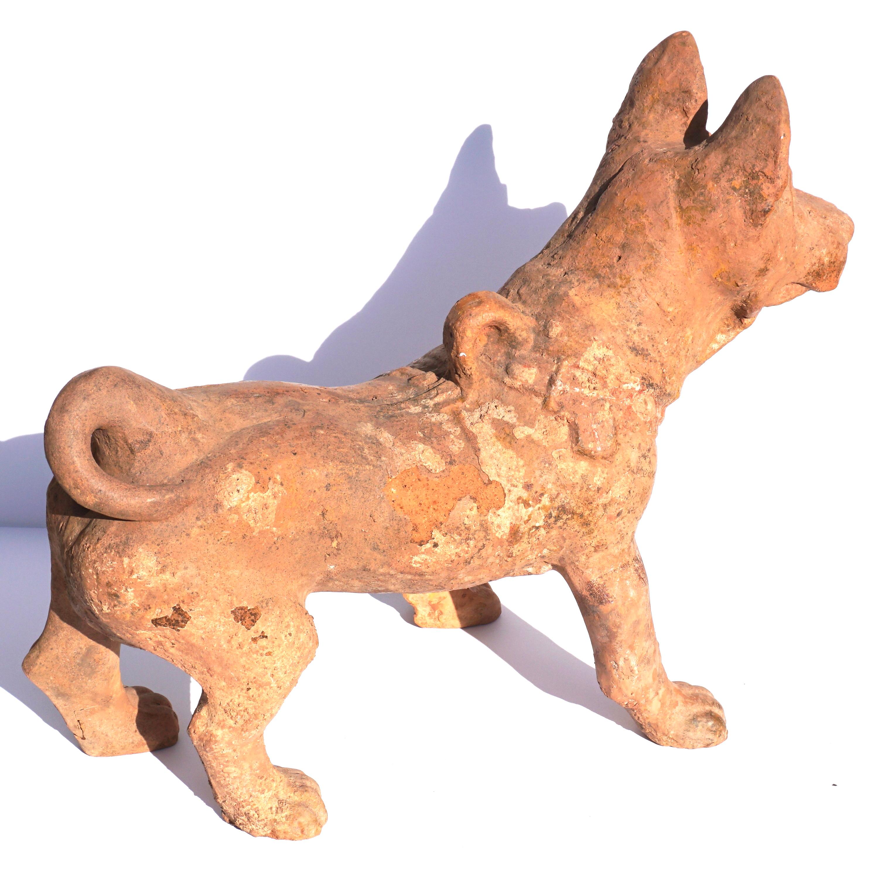 Hand-Crafted Large Han Dynasty Pottery Sculpture of a Dog For Sale