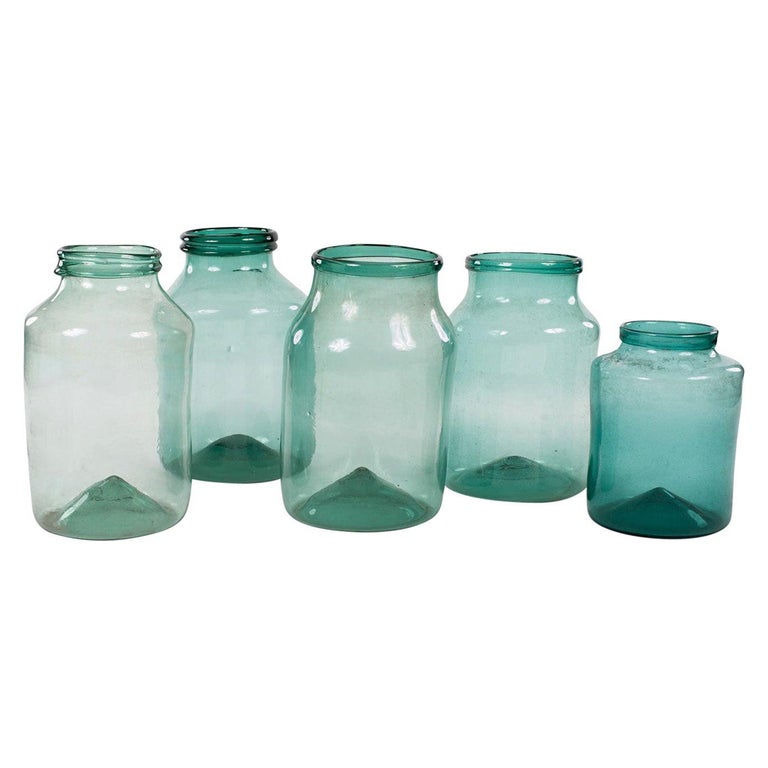 Large Hand Blown Antique Bluish-Green Tint Glass Jars For Sale at 1stDibs