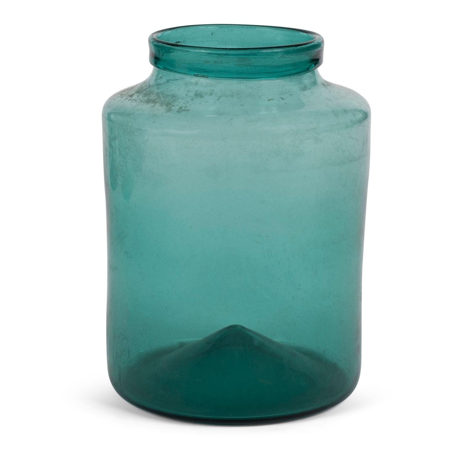 Large Hand Blown Antique Bluish-Green Tint Glass Jars 1