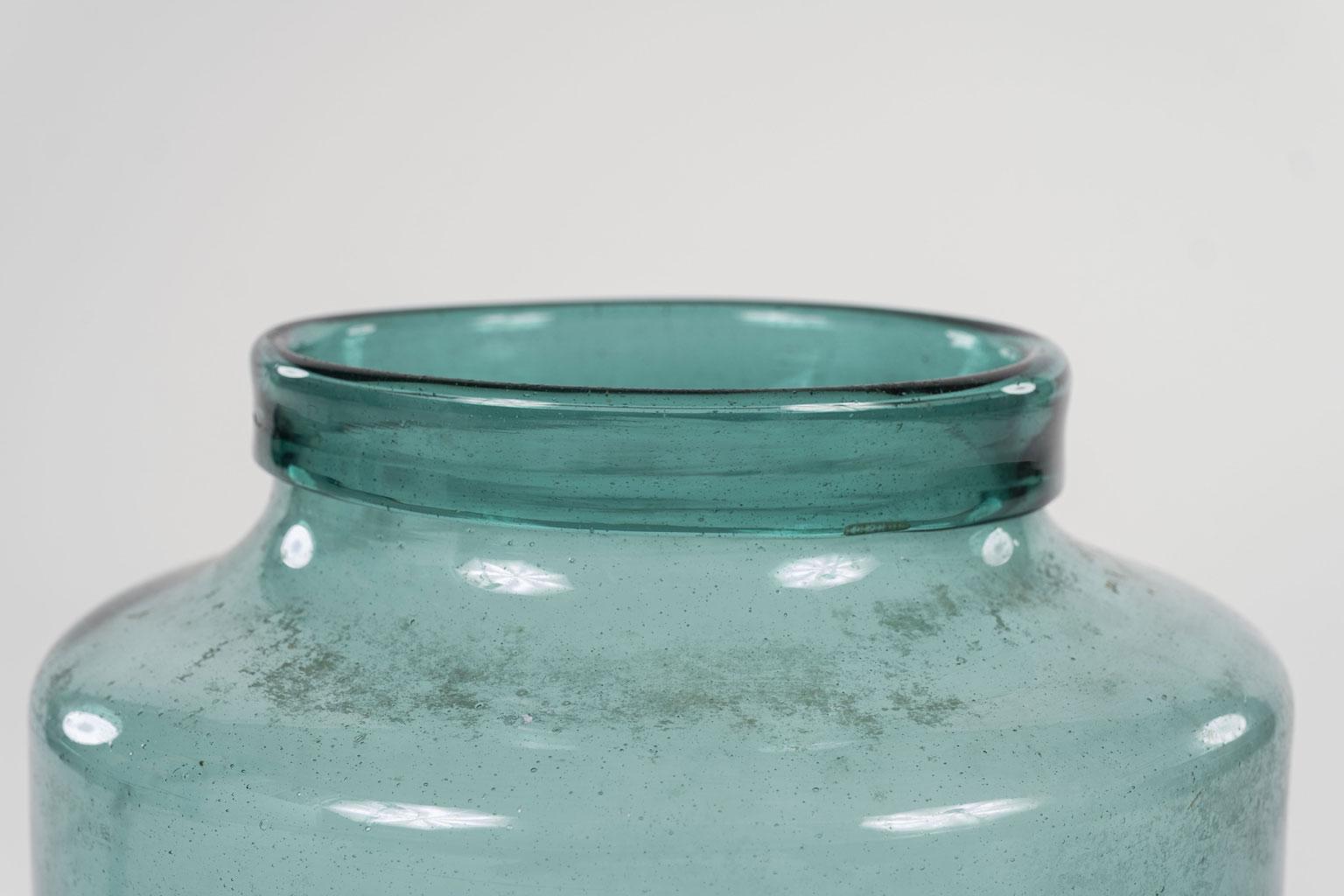 Large Hand Blown Antique Bluish-Green Tint Glass Jars 2