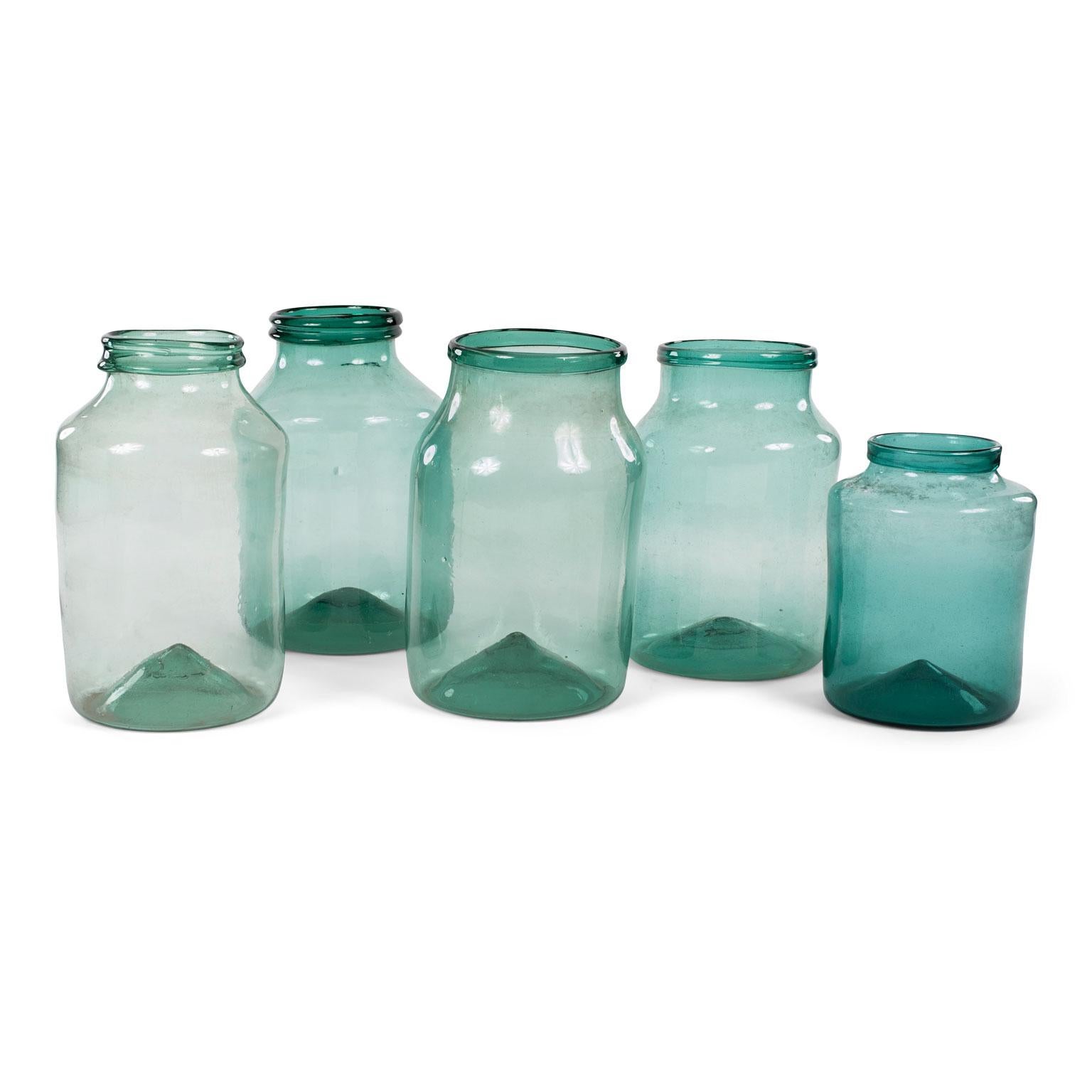 Large Hand Blown Antique Bluish-Green Tint Glass Jars 3