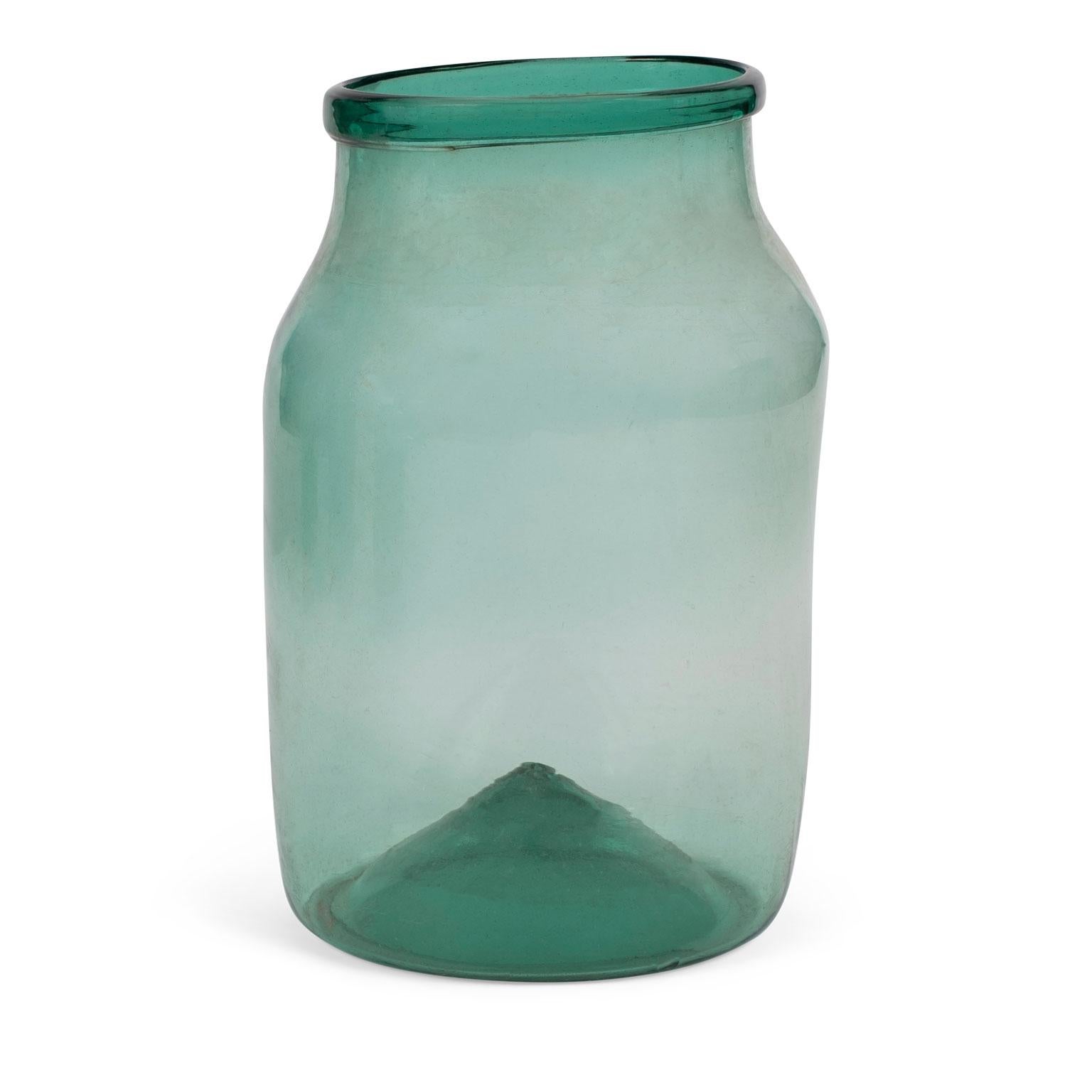 French Large Hand Blown Antique Bluish-Green Tint Glass Jars