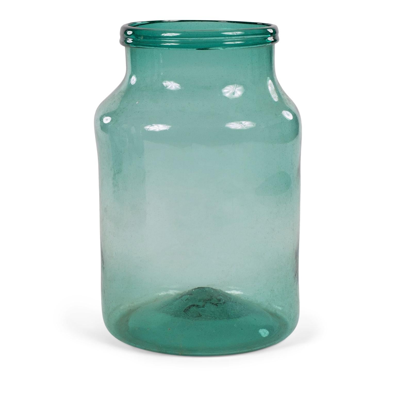 19th Century Large Hand Blown Antique Bluish-Green Tint Glass Jars