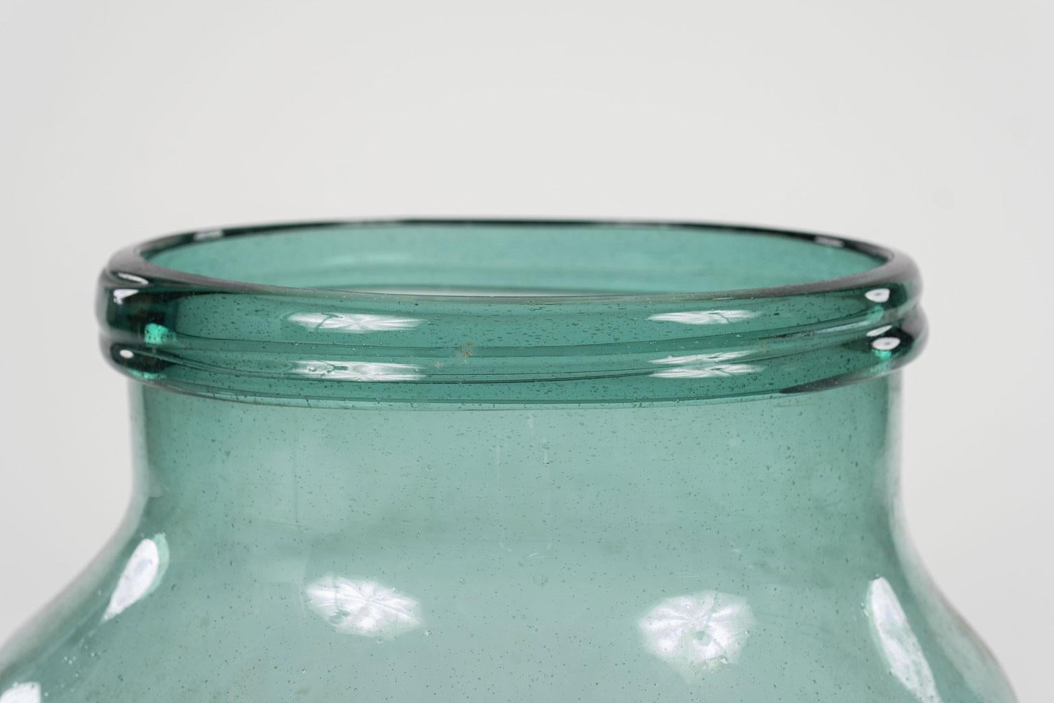 Blown Glass Large Hand Blown Antique Bluish-Green Tint Glass Jars