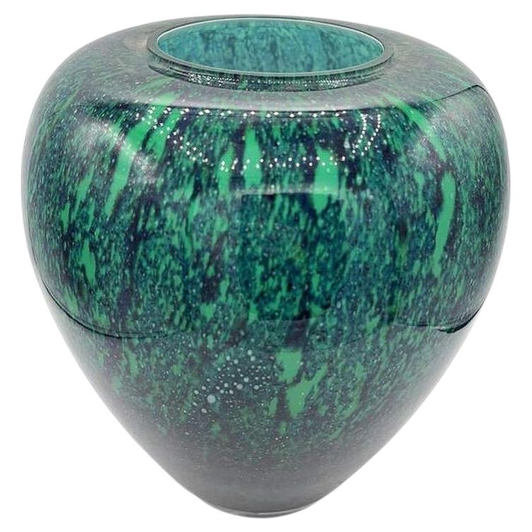 Large Hand-Blown Blue & Emerald Marbled Leaded Art Glass Vase, Unisgned For Sale