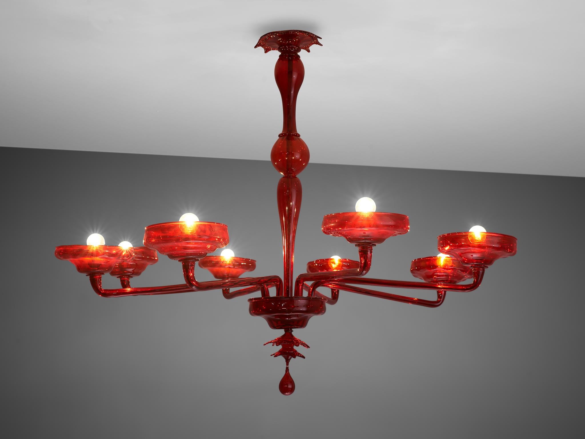 Mid-Century Modern Large Hand Blown Chandelier in Red Murano Glass For Sale