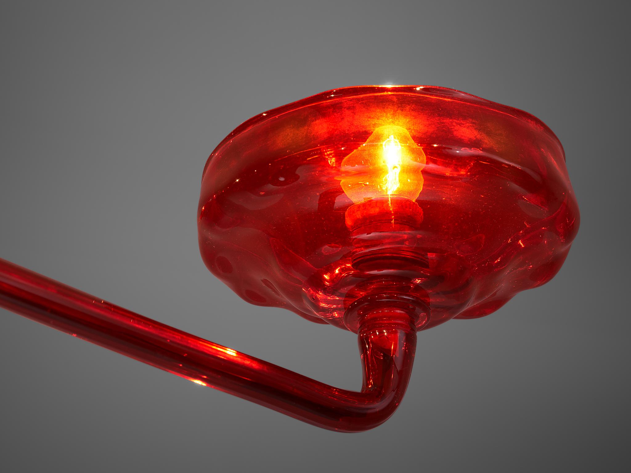 Italian Large Hand Blown Chandelier in Red Murano Glass For Sale