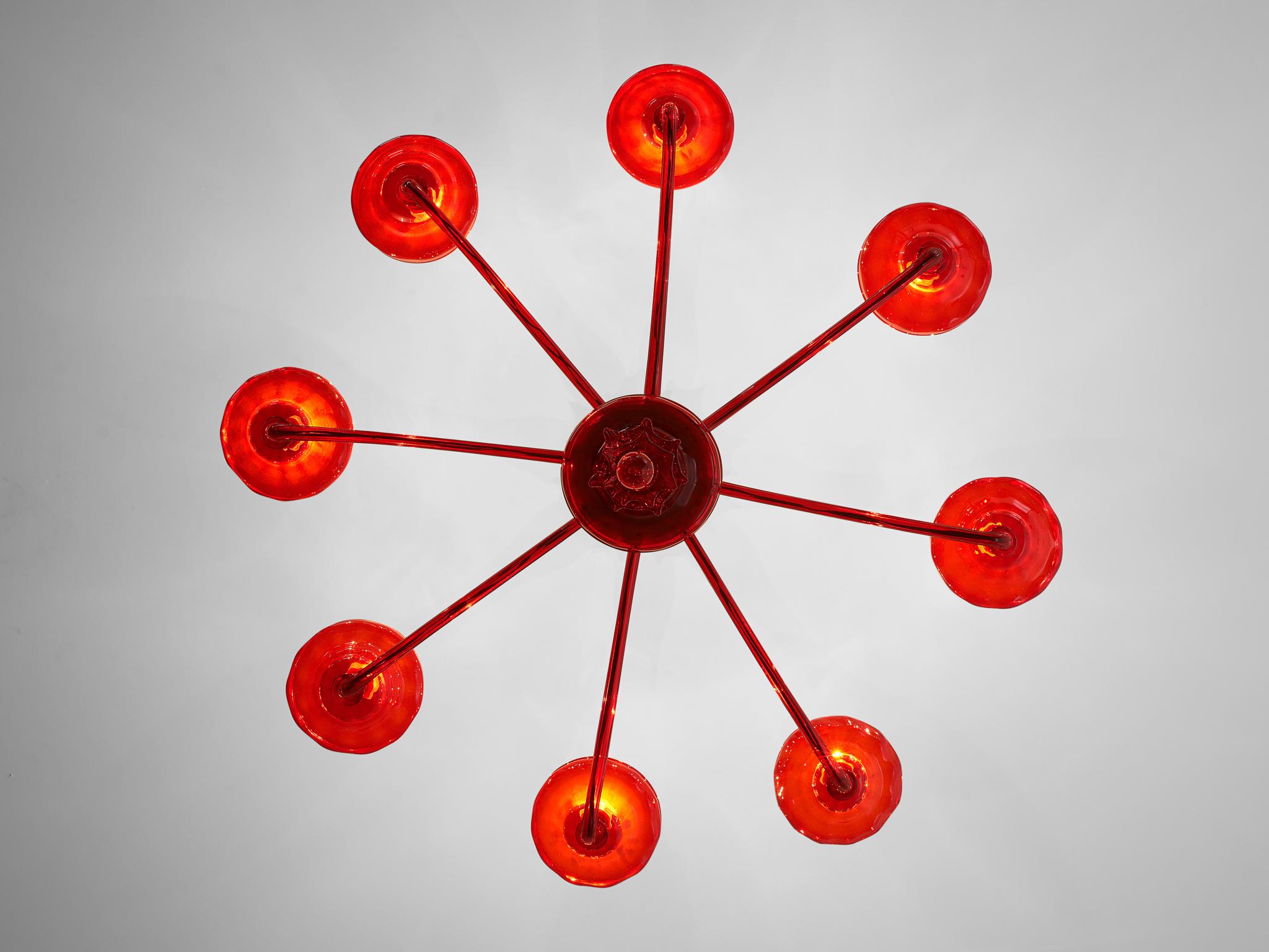 Large Hand Blown Chandelier in Red Murano Glass In Good Condition For Sale In Waalwijk, NL