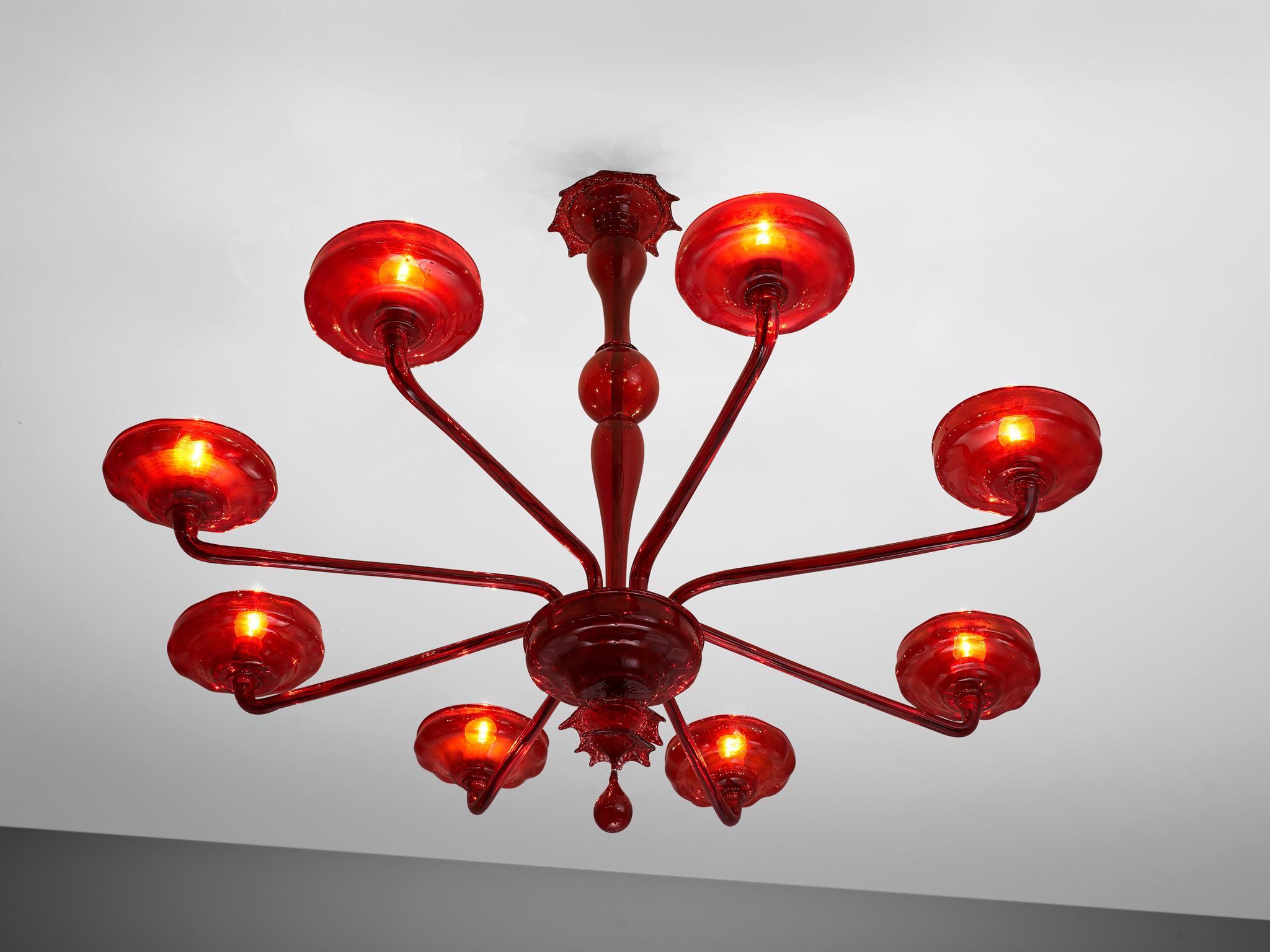 Mid-20th Century Large Hand Blown Chandelier in Red Murano Glass For Sale