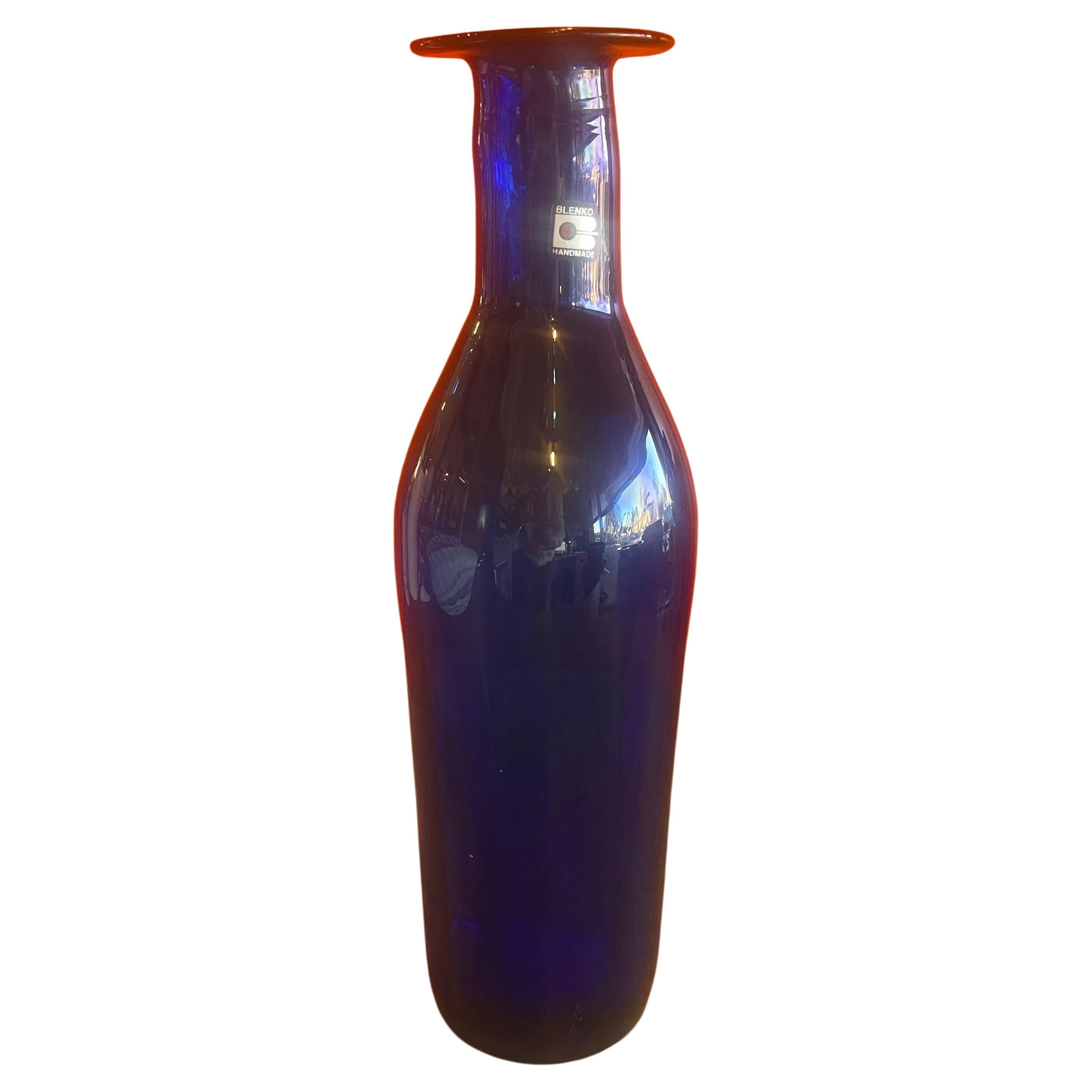 Large hand blown cobalt blue art glass vase by Blenko Glass, circa 1990s. The vase is in very good vintage condition and measures 4.5