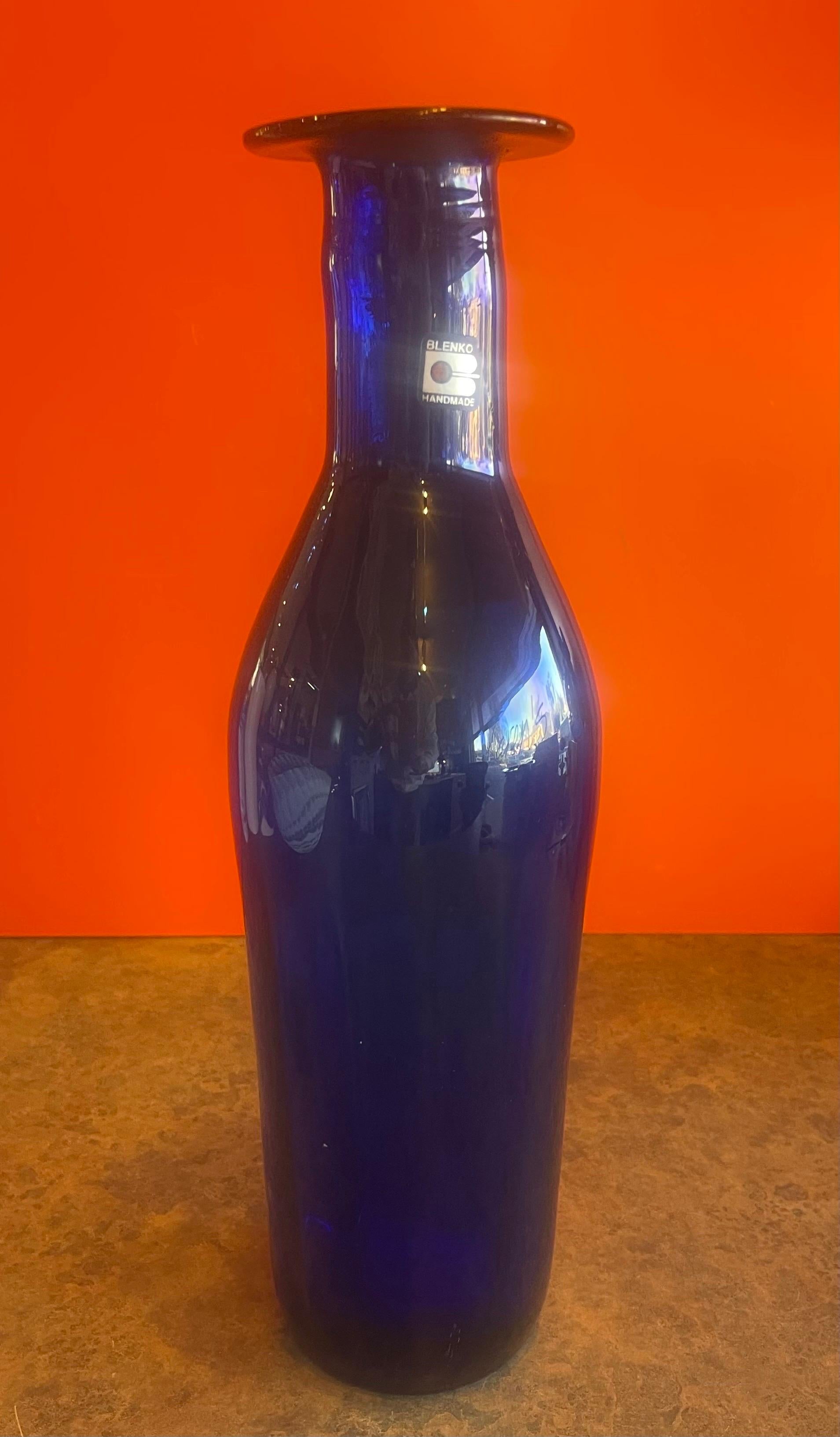 Large Hand Blown Cobalt Blue Art Glass Vase by Blenko Glass In Good Condition For Sale In San Diego, CA