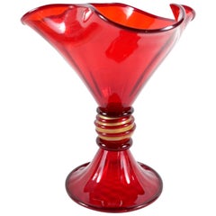 Large Hand-Blown Gold-Infused Red Murano Glass Vase or Tazza by Gabbiani Venezia