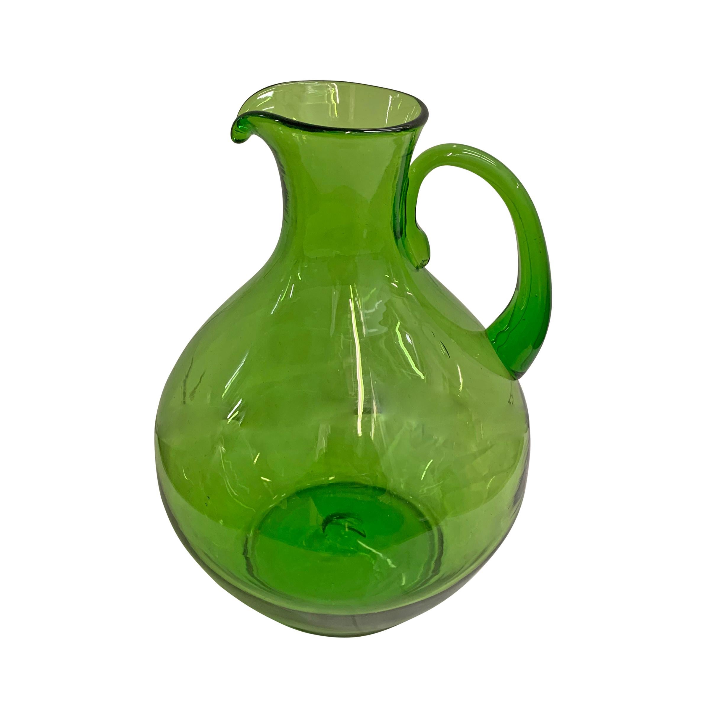 vintage hand blown green glass pitcher