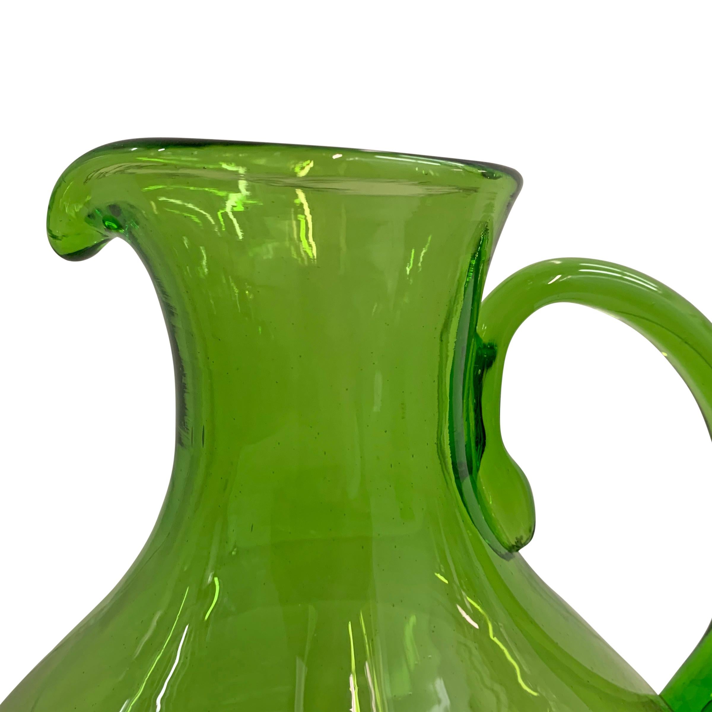 American Large Hand Blown Green Glass Pitcher