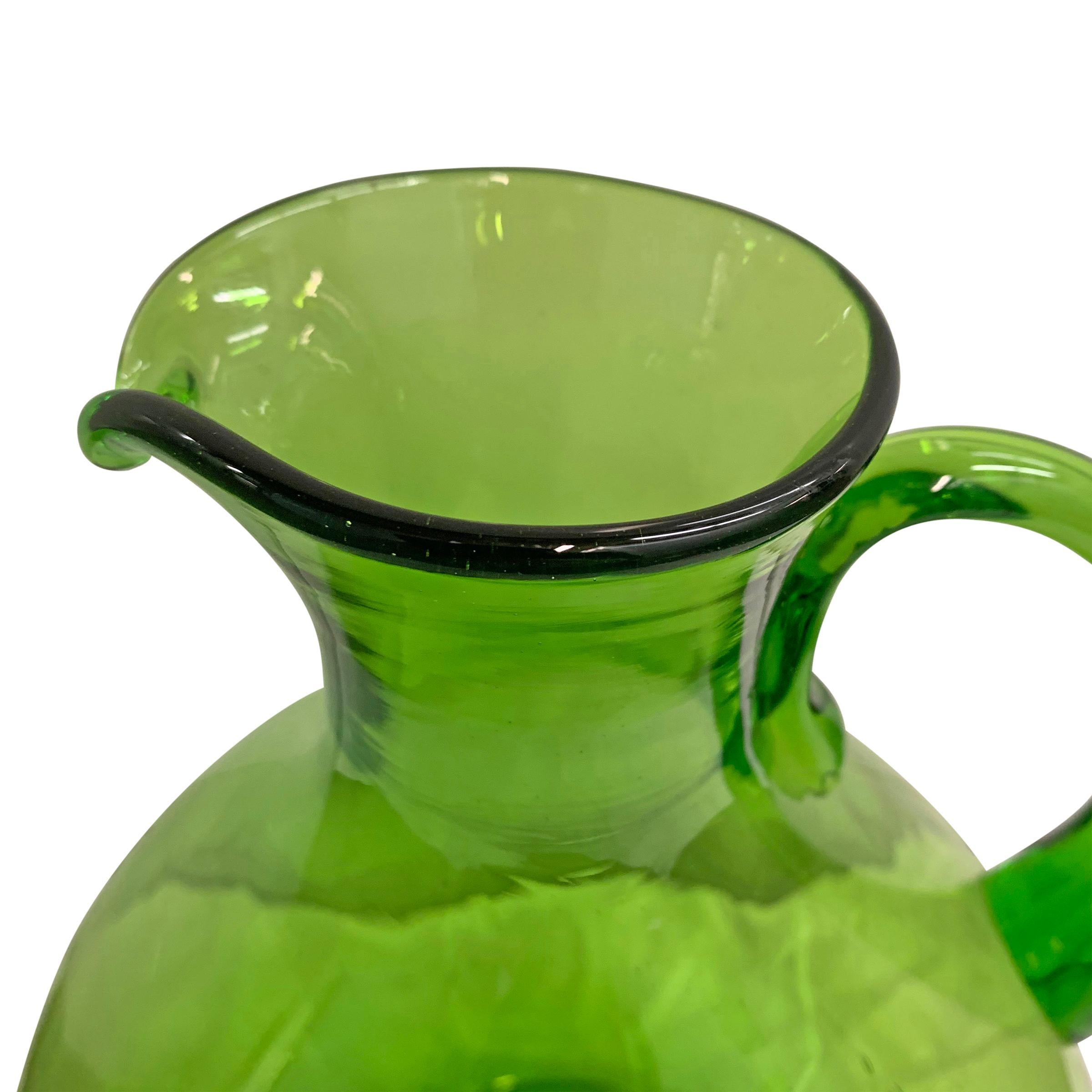 Large Hand Blown Green Glass Pitcher In Good Condition In Chicago, IL