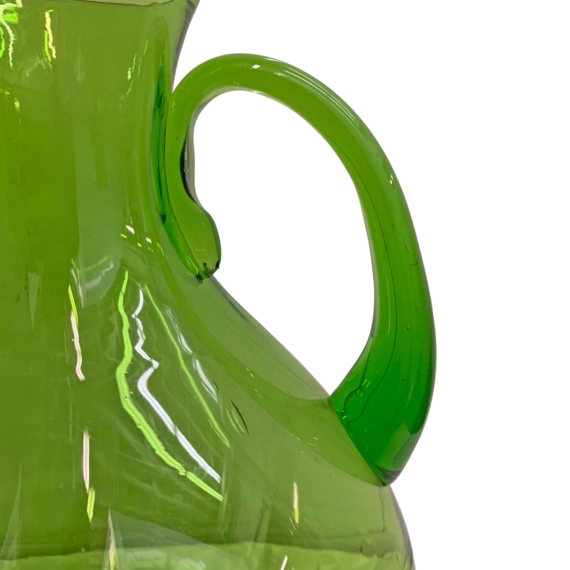 20th Century Large Hand Blown Green Glass Pitcher