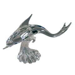 Large Hand-Blown Murano Crystal Leaded Glass Dolphin Sculpture Archimede Seguso