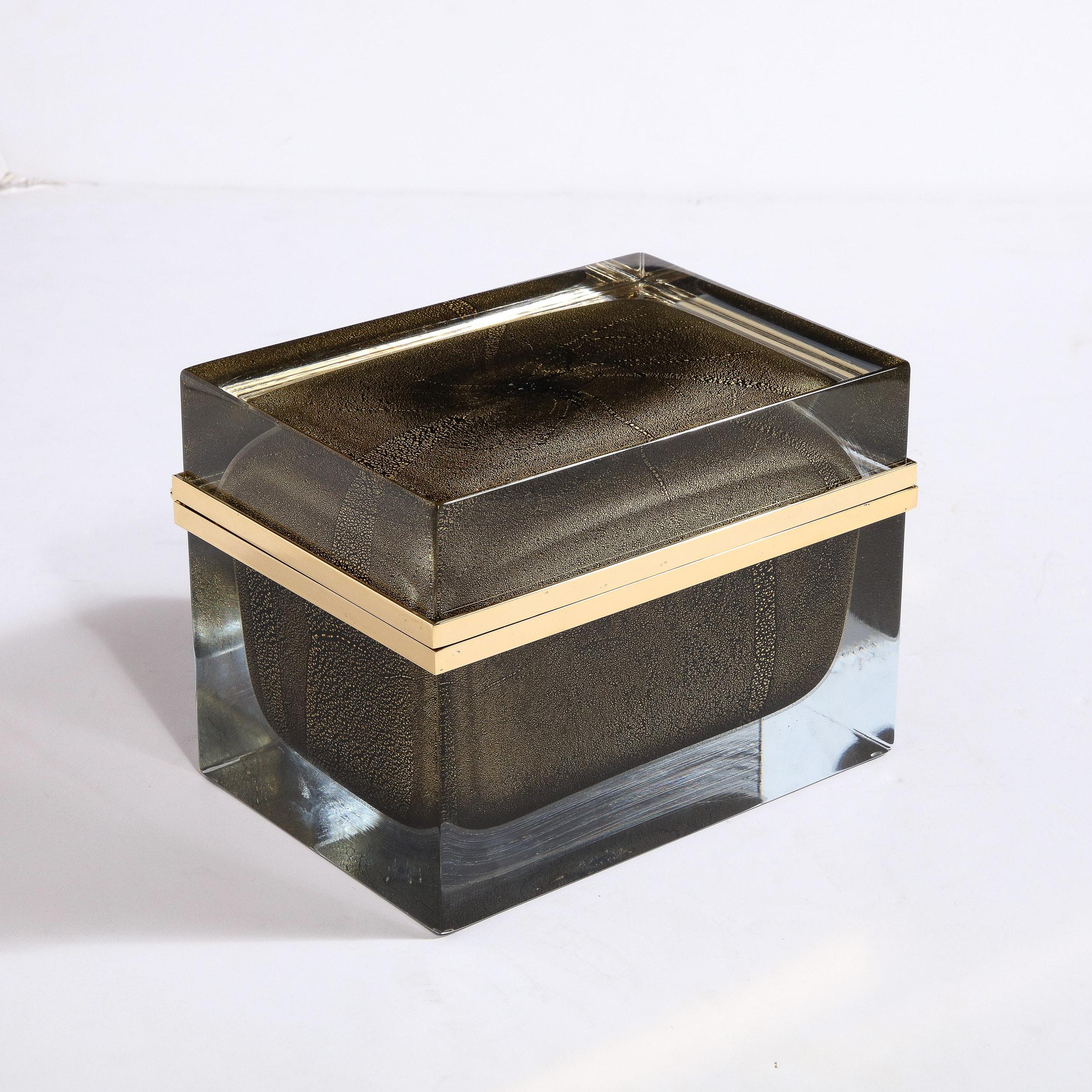 Modern Large Hand Blown Murano Glass Box in Onyx Black W/24 Karat Gold Flecks For Sale