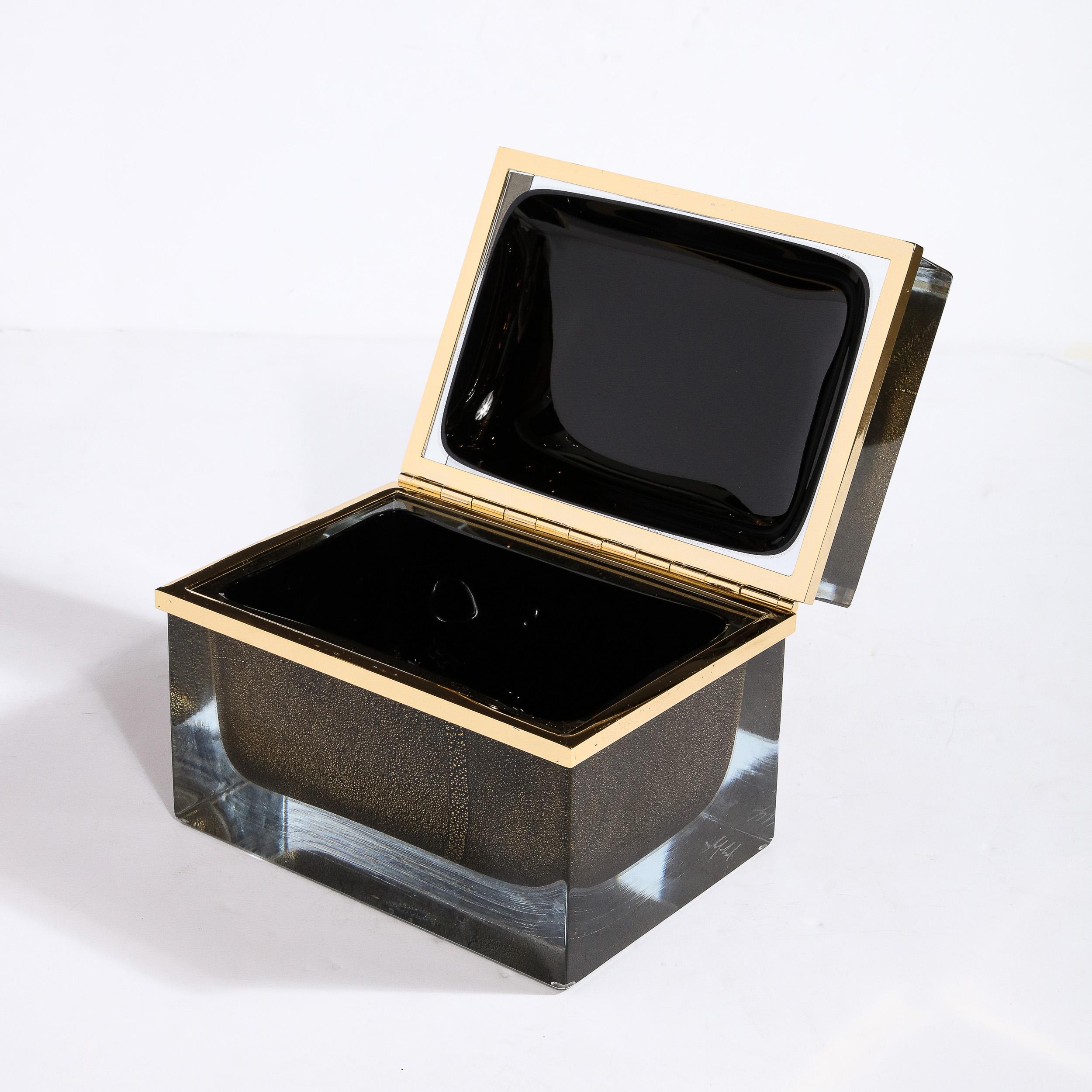 Verre de Murano Grande boîte en verre de Murano soufflé à la main en noir onyx avec des mèches en or 24 carats en vente