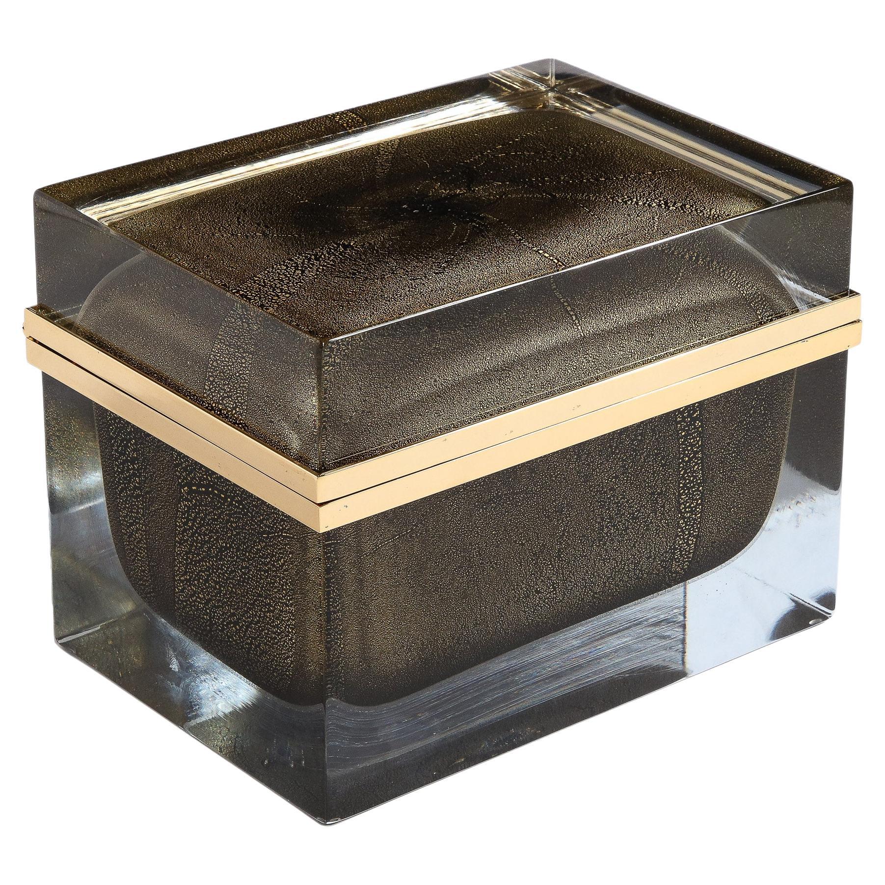 Grande boîte en verre de Murano soufflé à la main en noir onyx avec des mèches en or 24 carats en vente