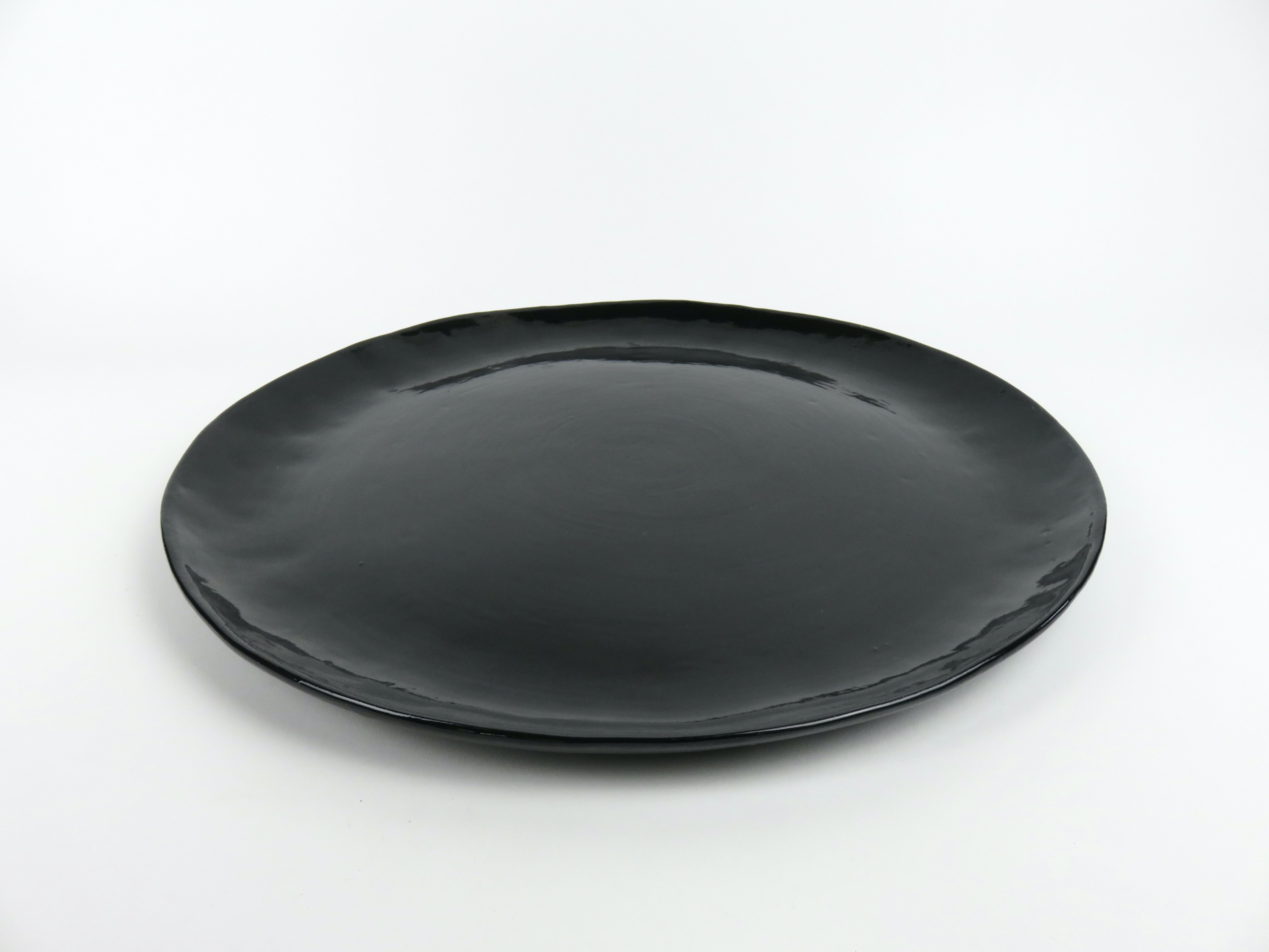 American Large Hand Built Ceramic Platter in Black Gloss Glaze For Sale