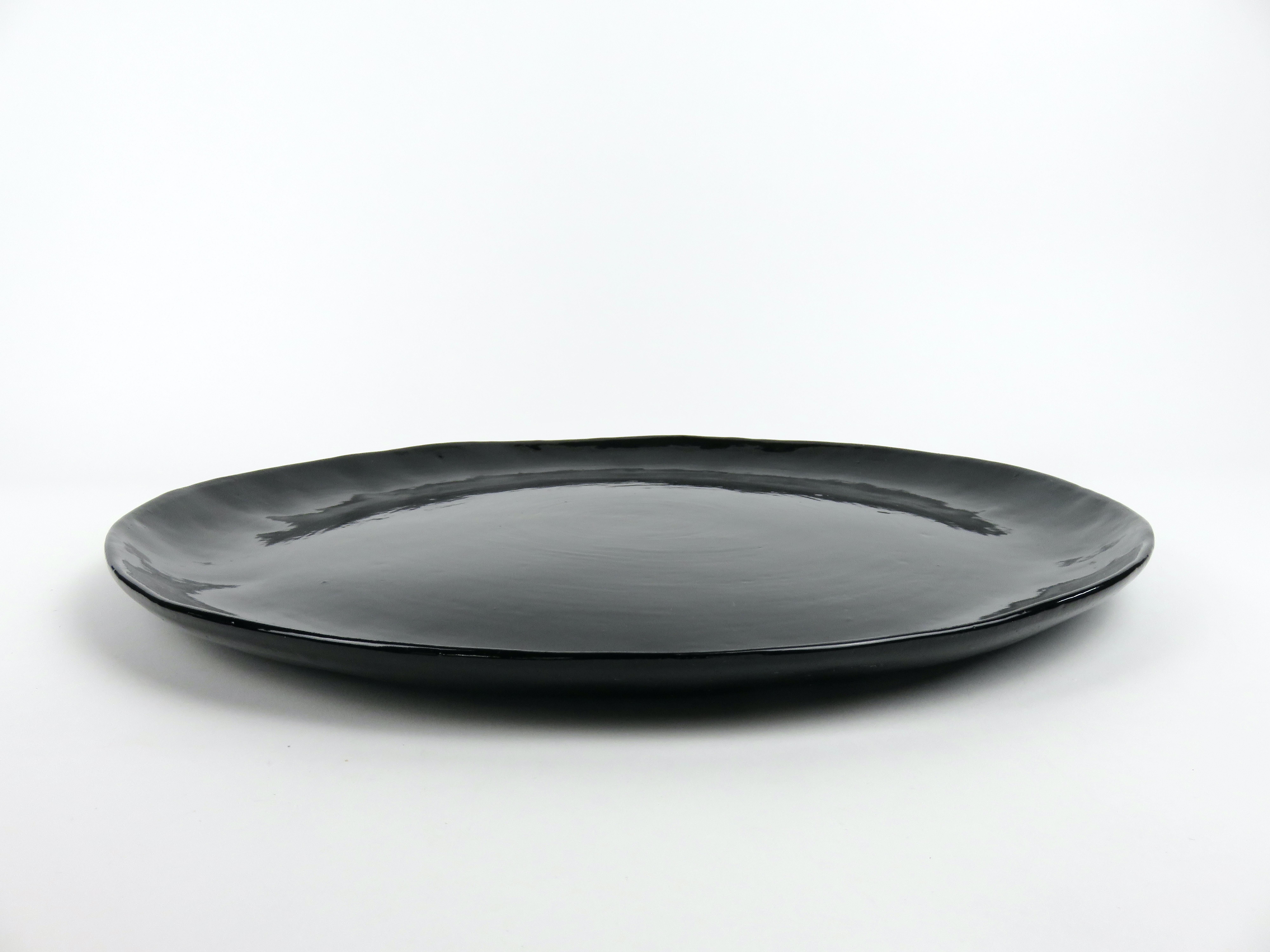 Glazed Large Hand Built Ceramic Platter in Black Gloss Glaze For Sale