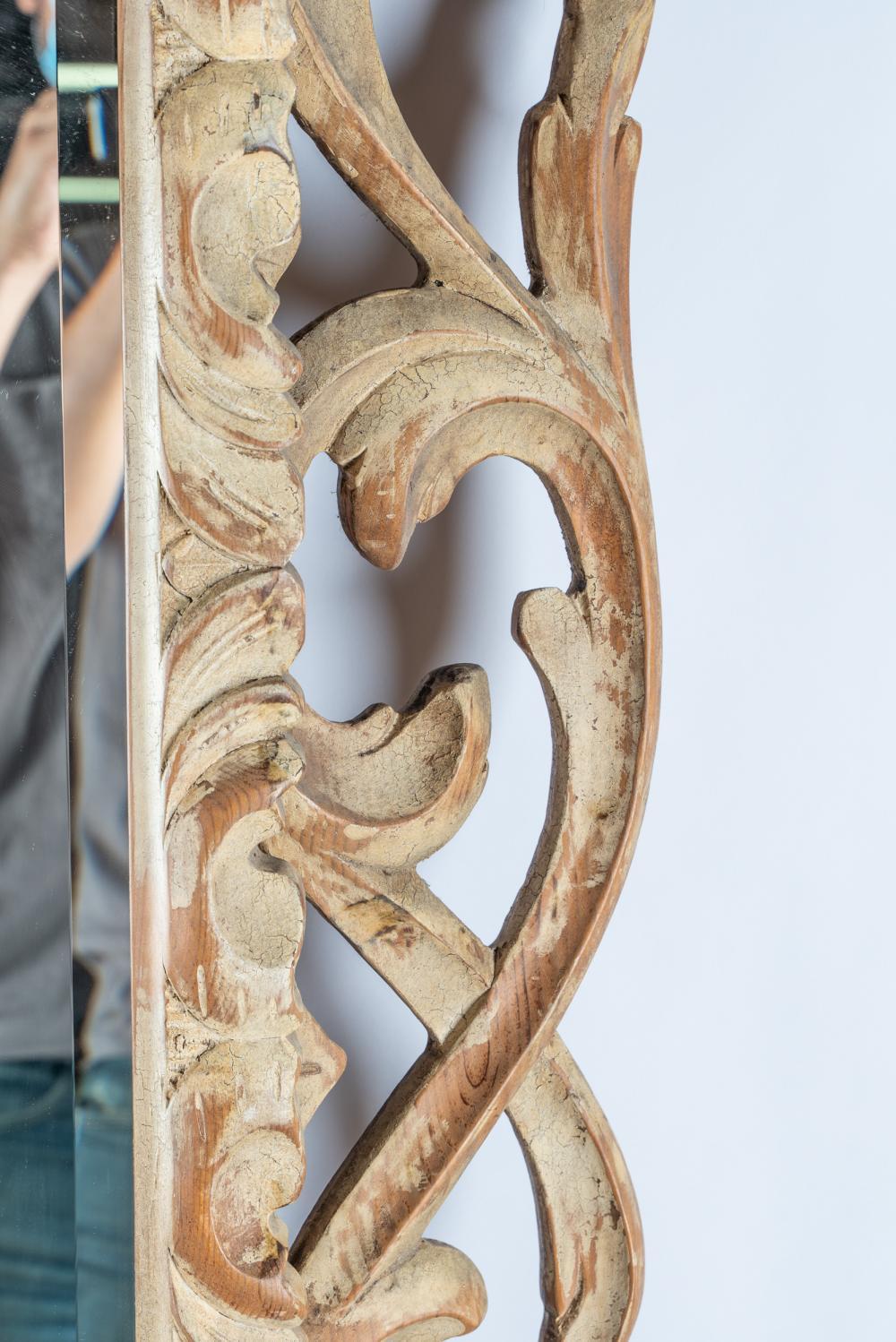 American Large Hand Carved Acanthus Leaf Mirror & Lime Painted Frame Late 20th Century For Sale