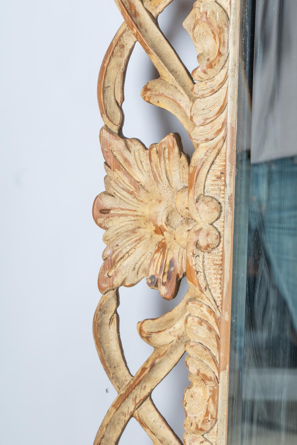 Large Hand Carved Acanthus Leaf Mirror & Lime Painted Frame Late 20th Century In Good Condition For Sale In Los Angeles, CA