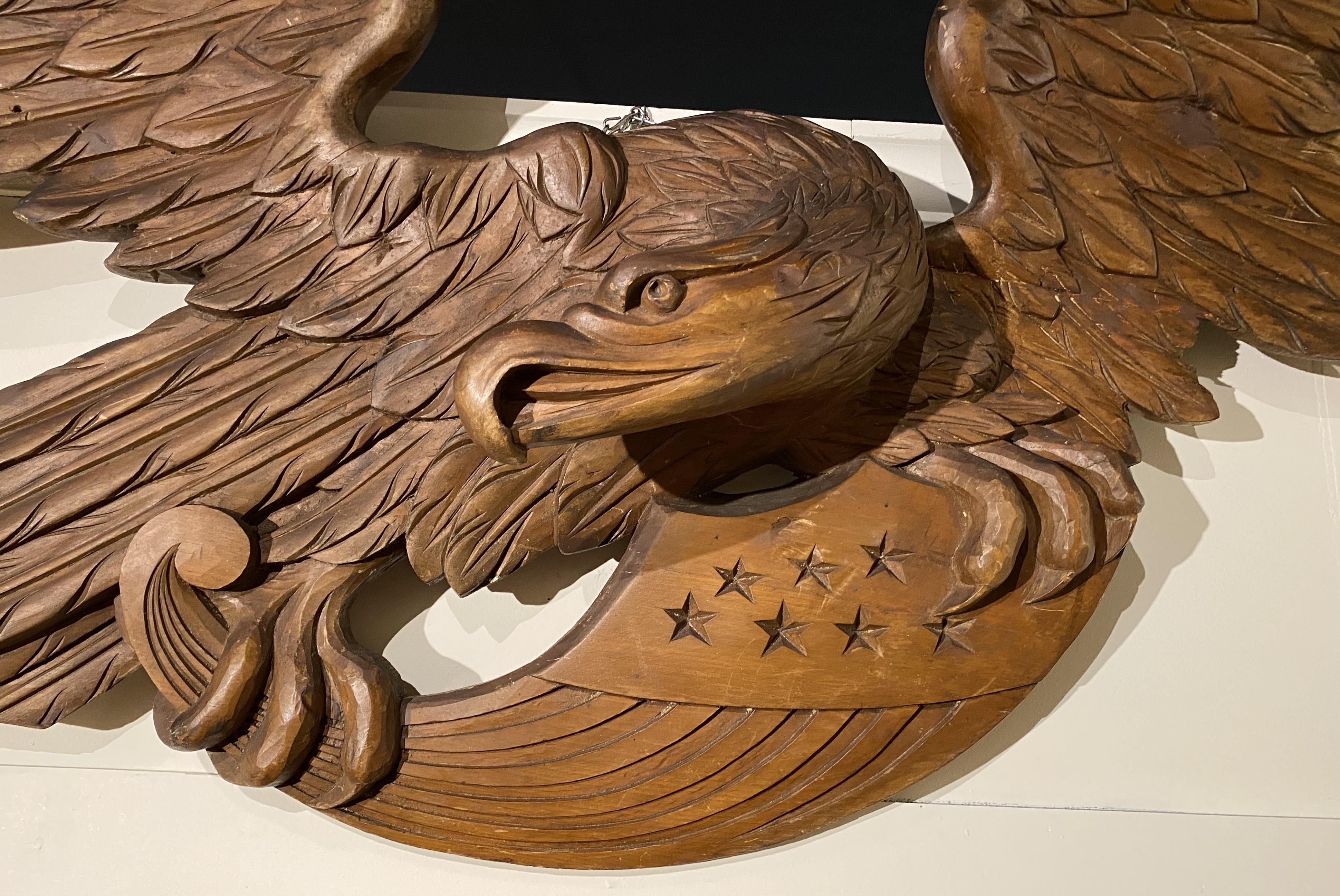 Hand-Carved Large Hand Carved American Eagle with Spread Wings & Shield/Flag