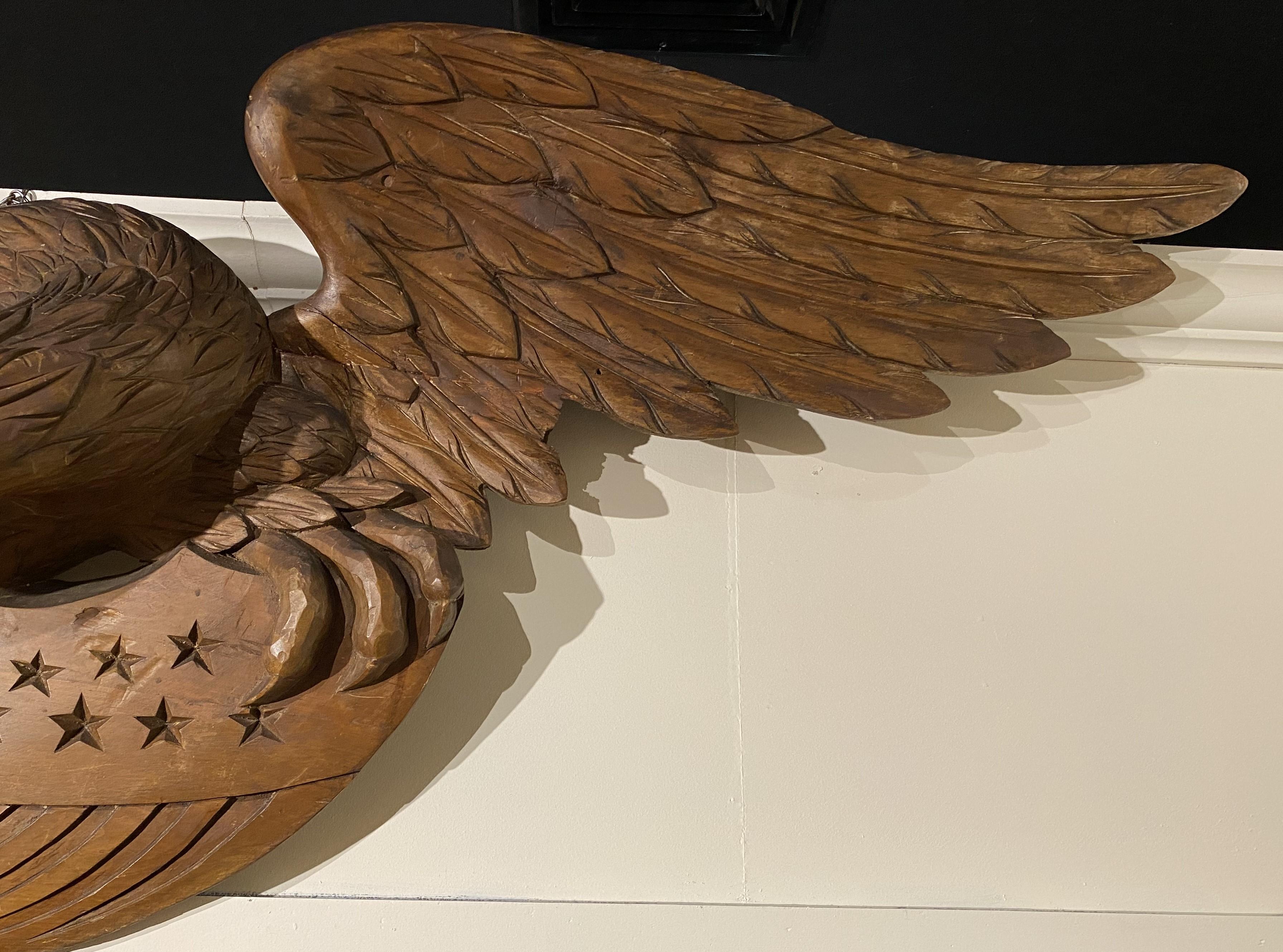 Large Hand Carved American Eagle with Spread Wings & Shield/Flag In Good Condition In Milford, NH