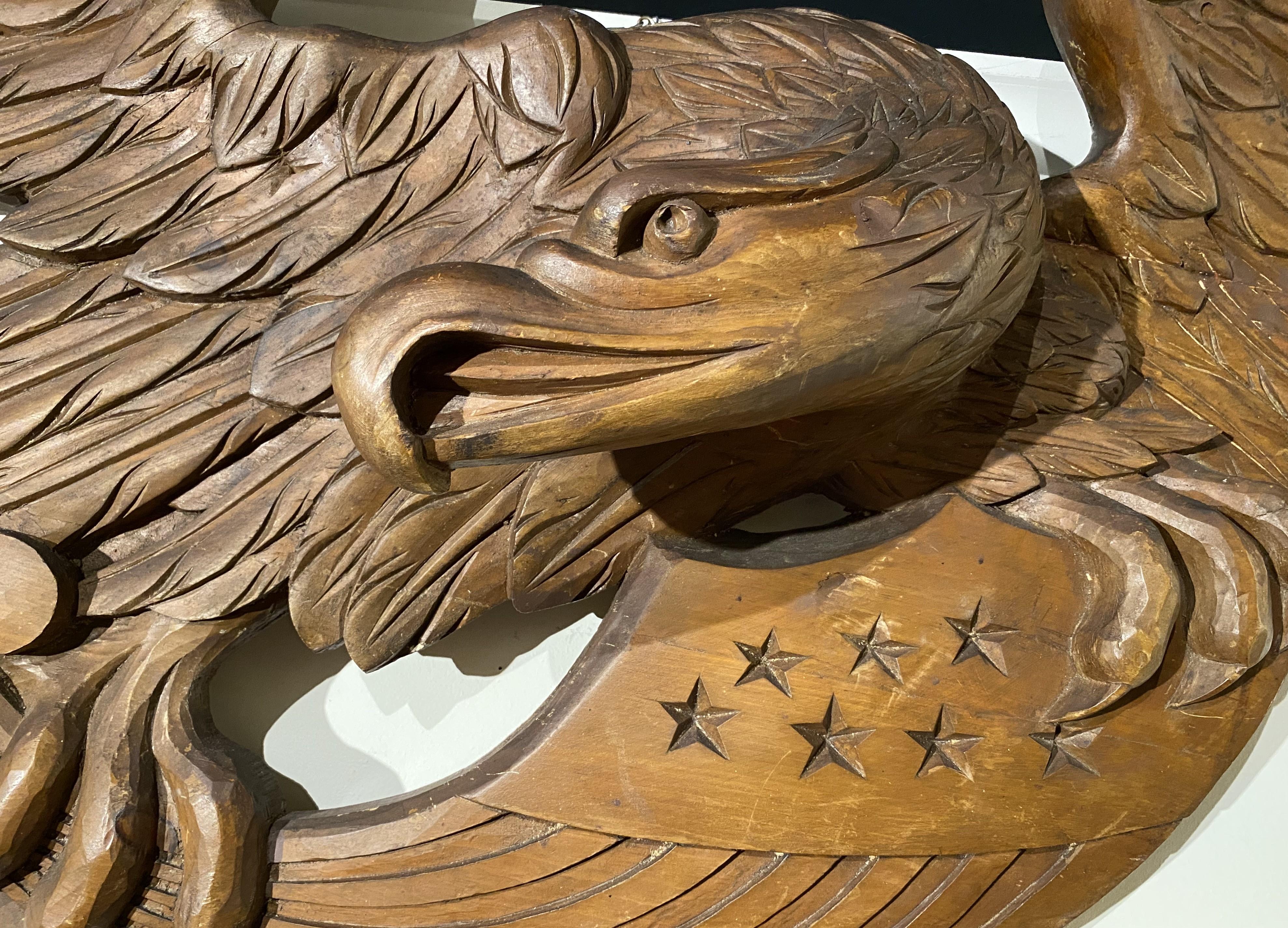 20th Century Large Hand Carved American Eagle with Spread Wings & Shield/Flag