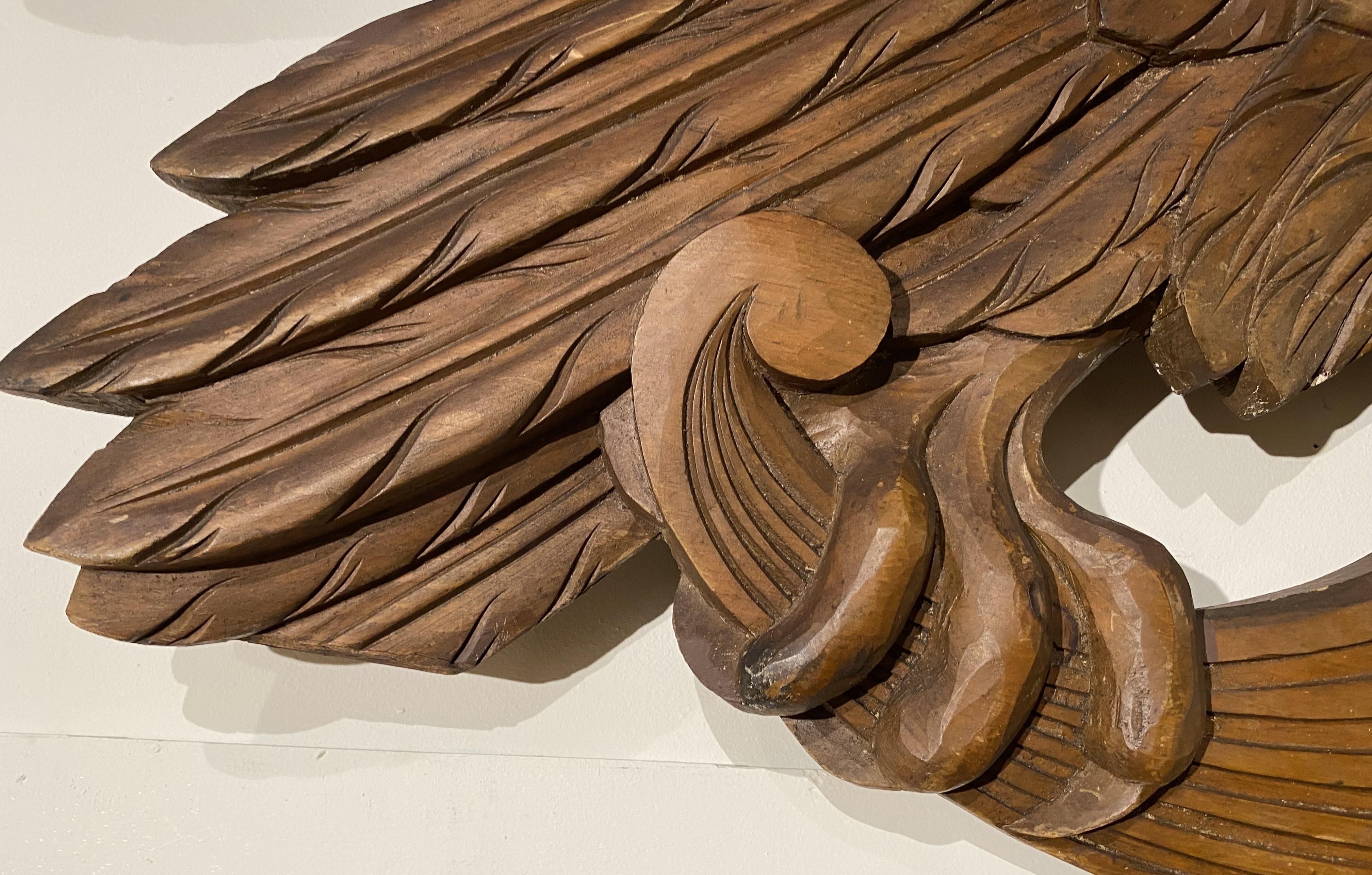 Wood Large Hand Carved American Eagle with Spread Wings & Shield/Flag