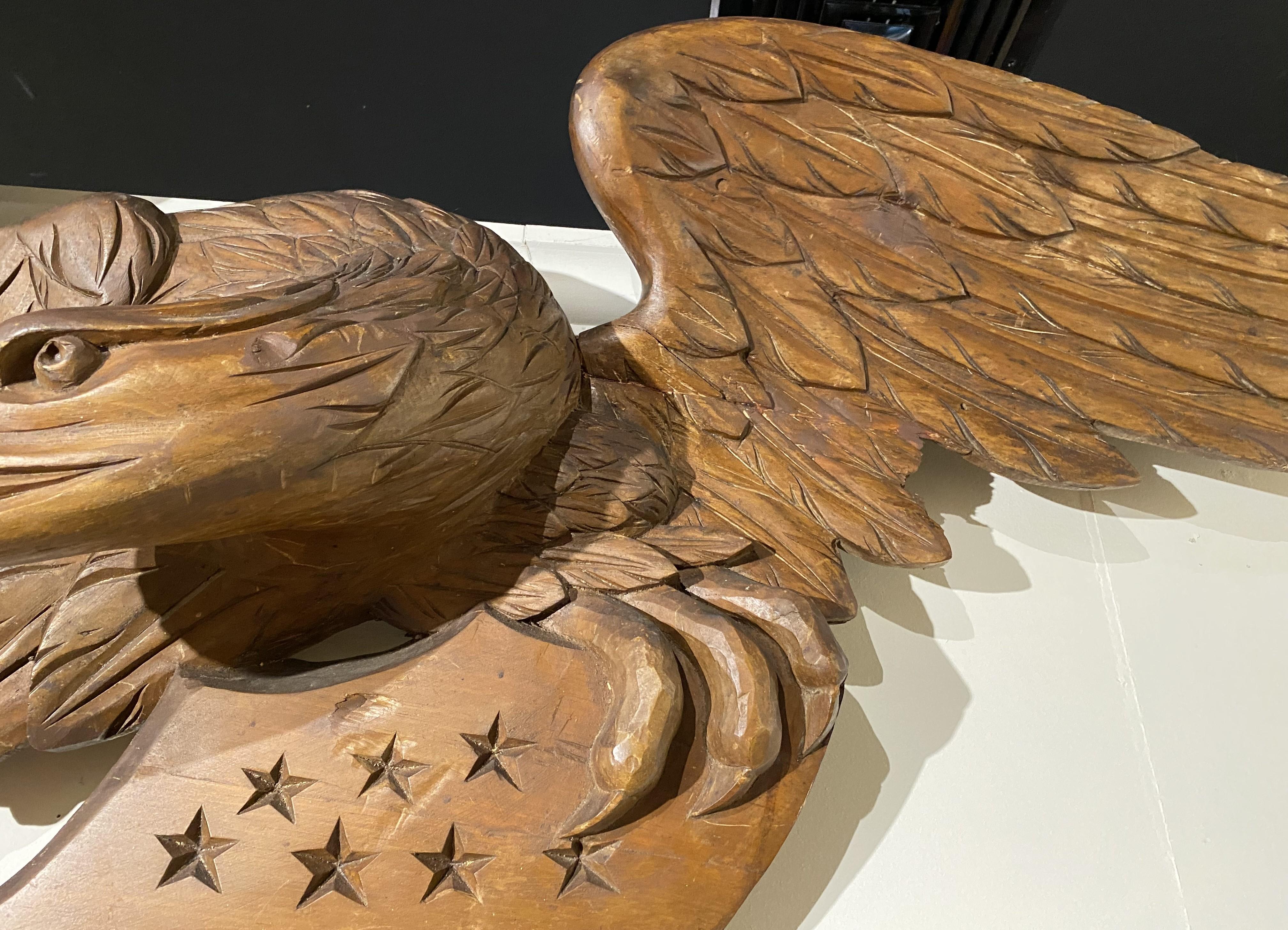 Large Hand Carved American Eagle with Spread Wings & Shield/Flag 2