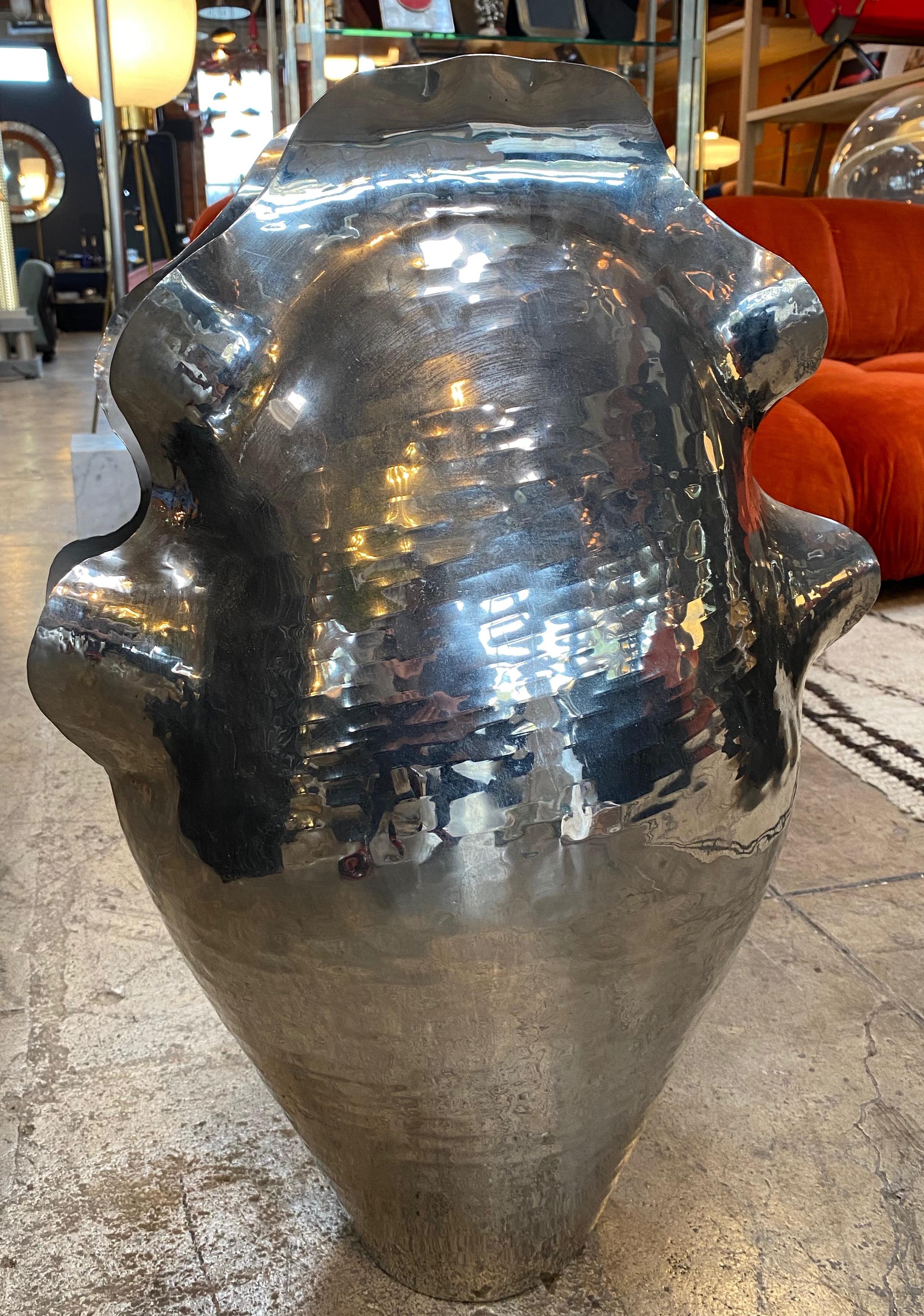 Modern Large Hand Carved and Hammered Silver Shell Umbrella Stand or Vase, Italy, 1980s For Sale