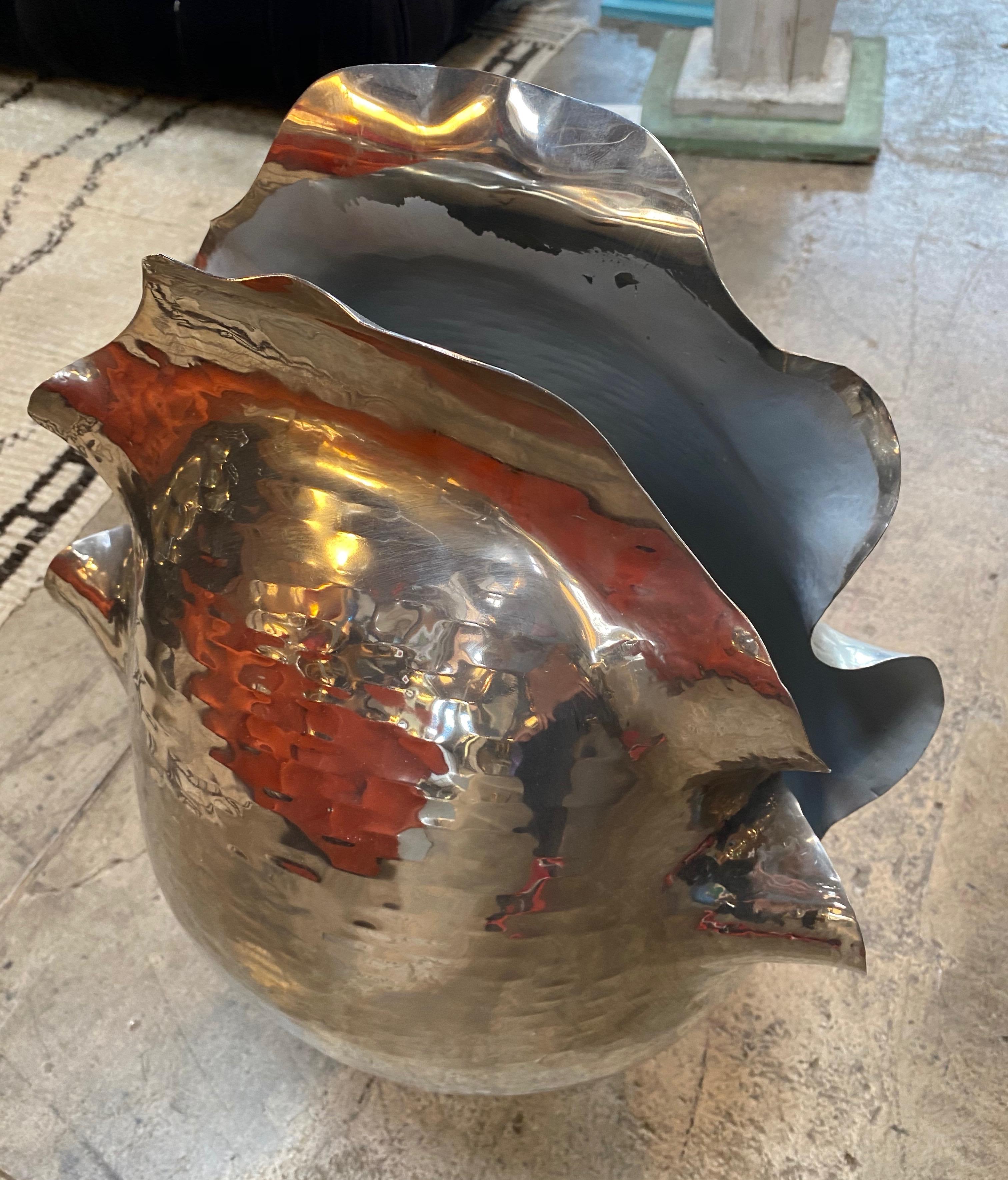 Large Hand Carved and Hammered Silver Shell Umbrella Stand or Vase, Italy, 1980s In Good Condition For Sale In Los Angeles, CA