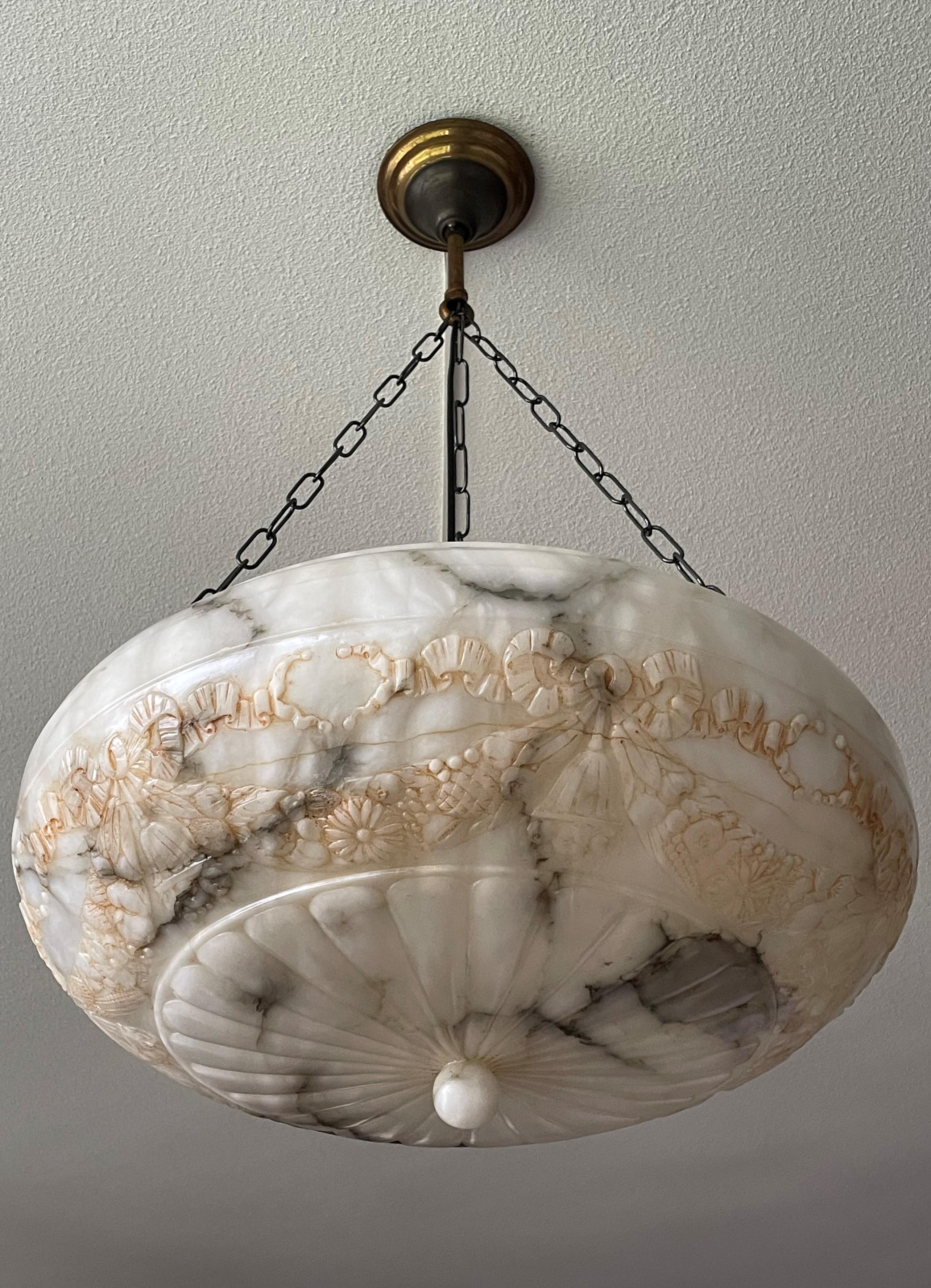 20th Century Large Hand Carved Antique Alabaster Pendant Chandelier Top Quality Fixture, 1910