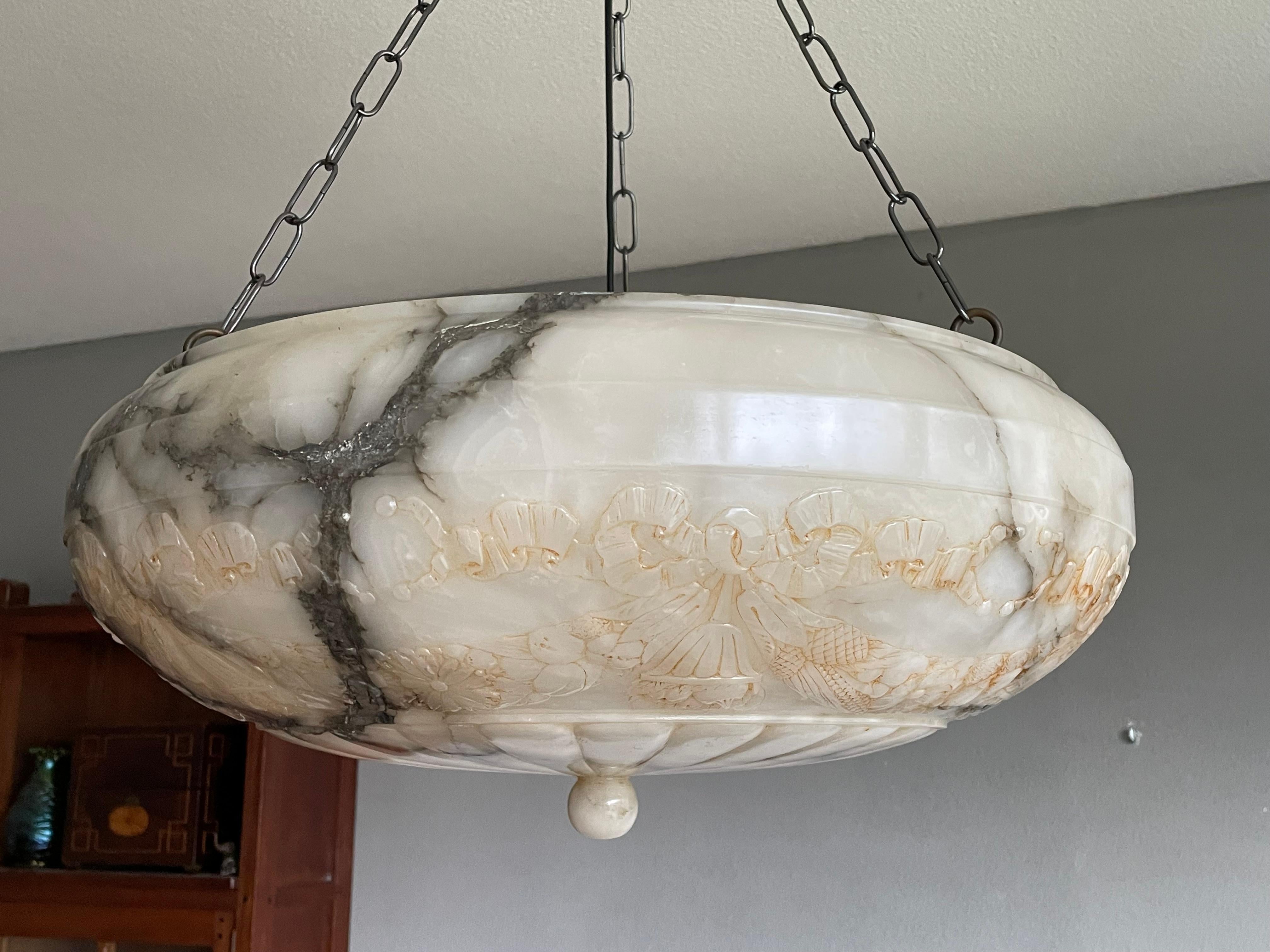 French Large Hand Carved Antique Alabaster Pendant Chandelier Top Quality Fixture, 1910